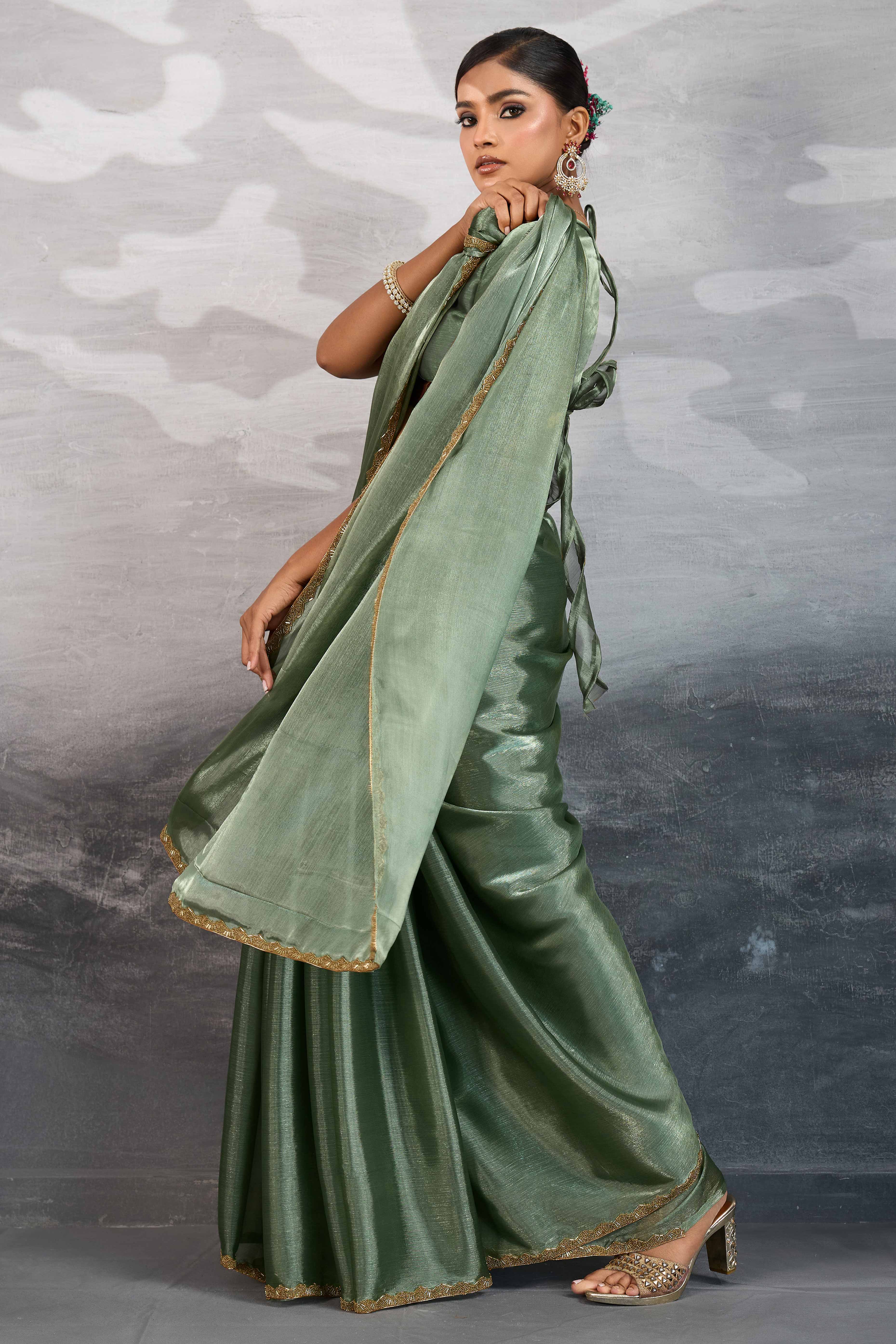 Solid Sage Green Chiffon Saree Featuring Beads Embellished Border