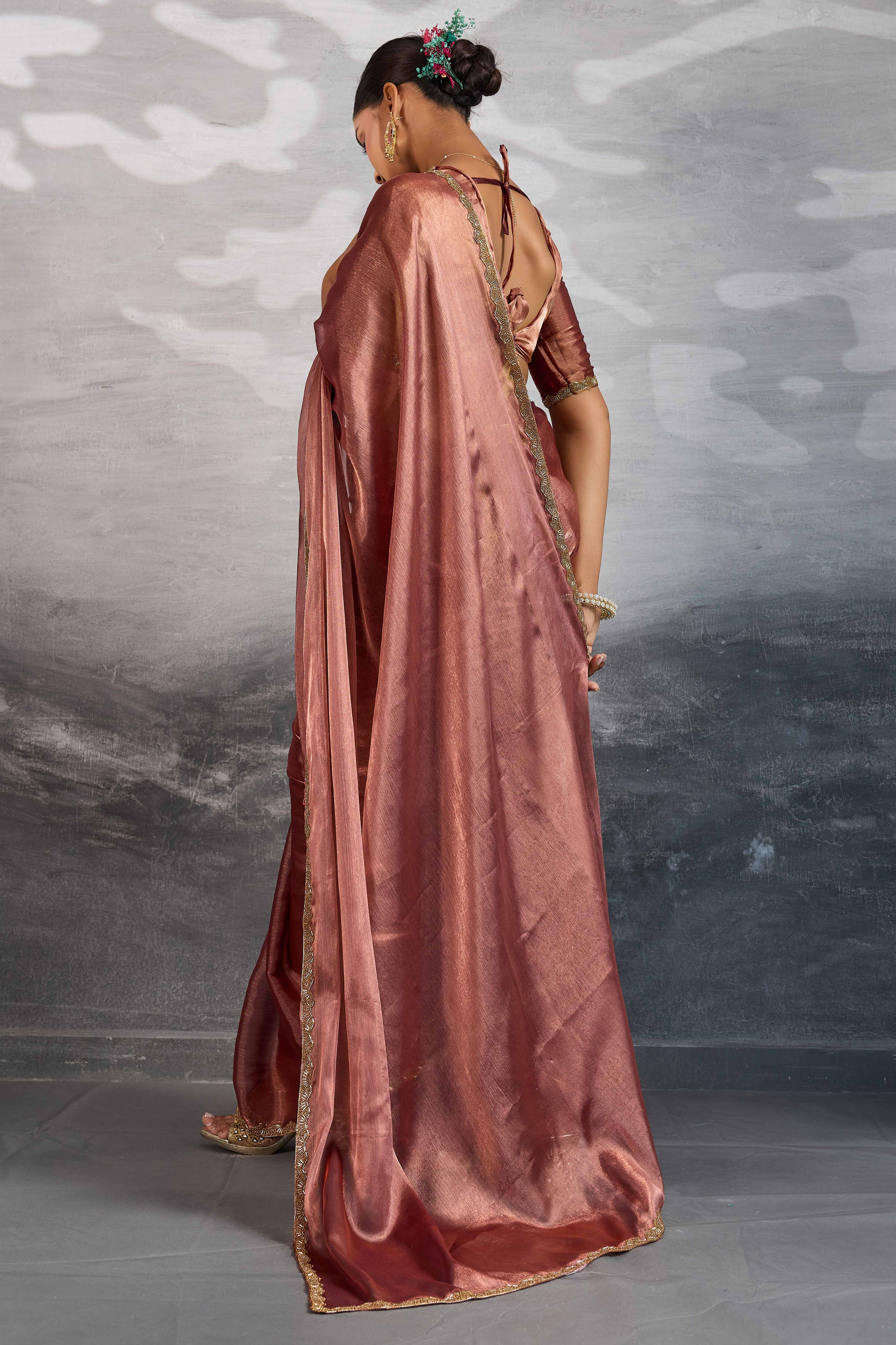 Solid Copper Red Chiffon Saree Featuring Beads Embellished Border