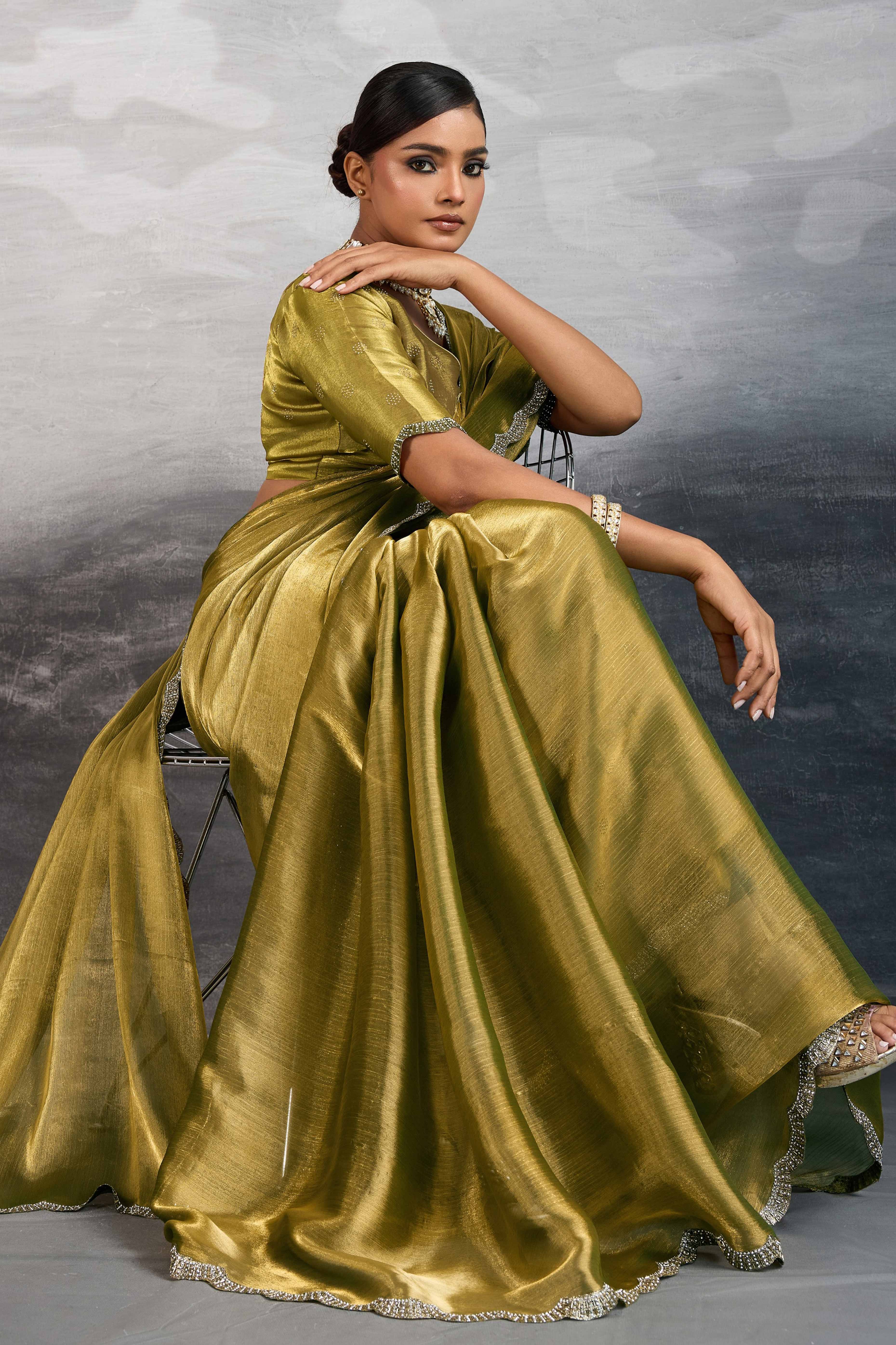 Gold Burberry Chiffon Saree Embellished With Zarkan & Cutdana Appliqué Lace Border