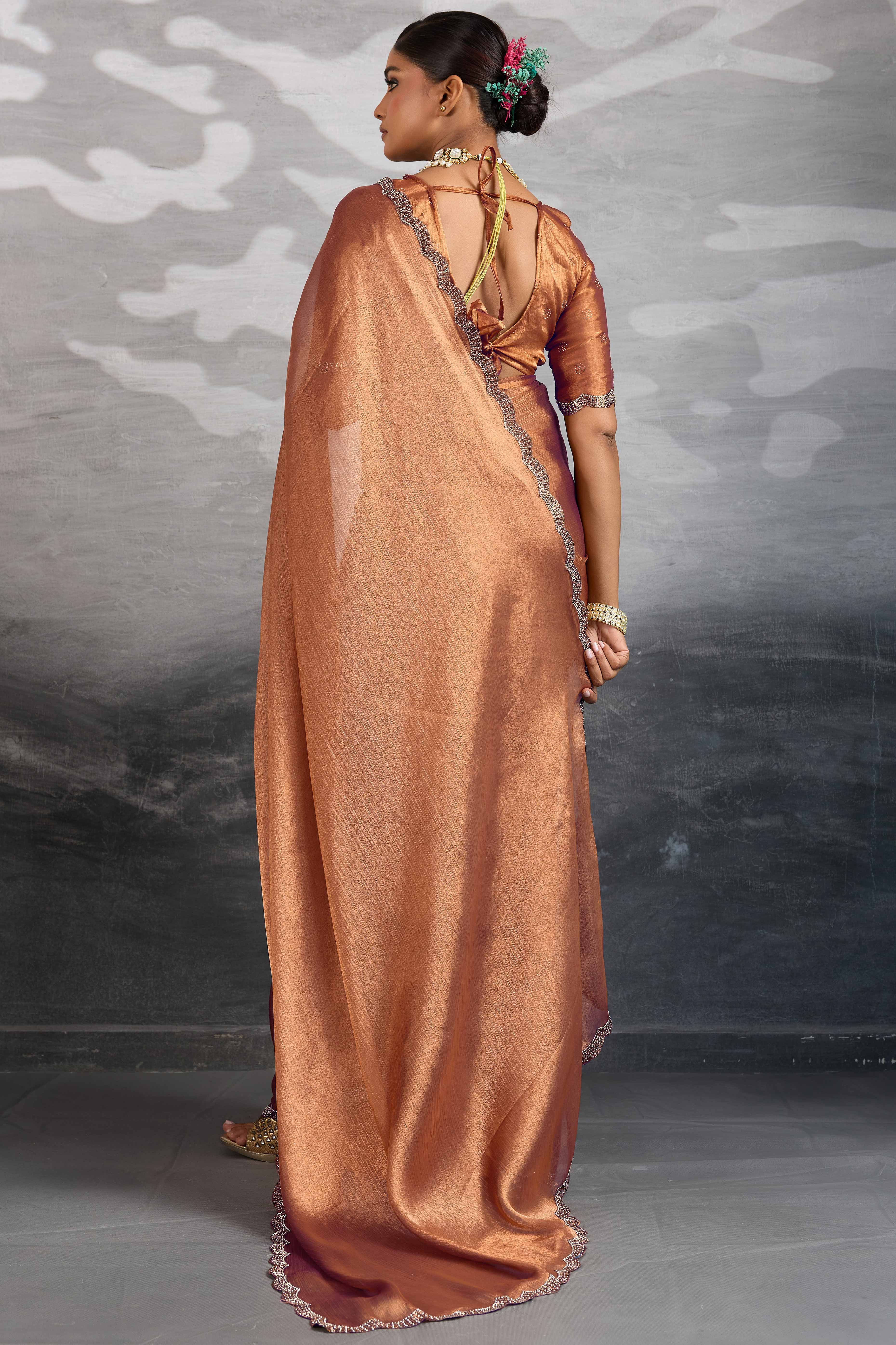 Rust Burberry Chiffon Saree Embellished With Zarkan & Cutdana Appliqué Lace Border