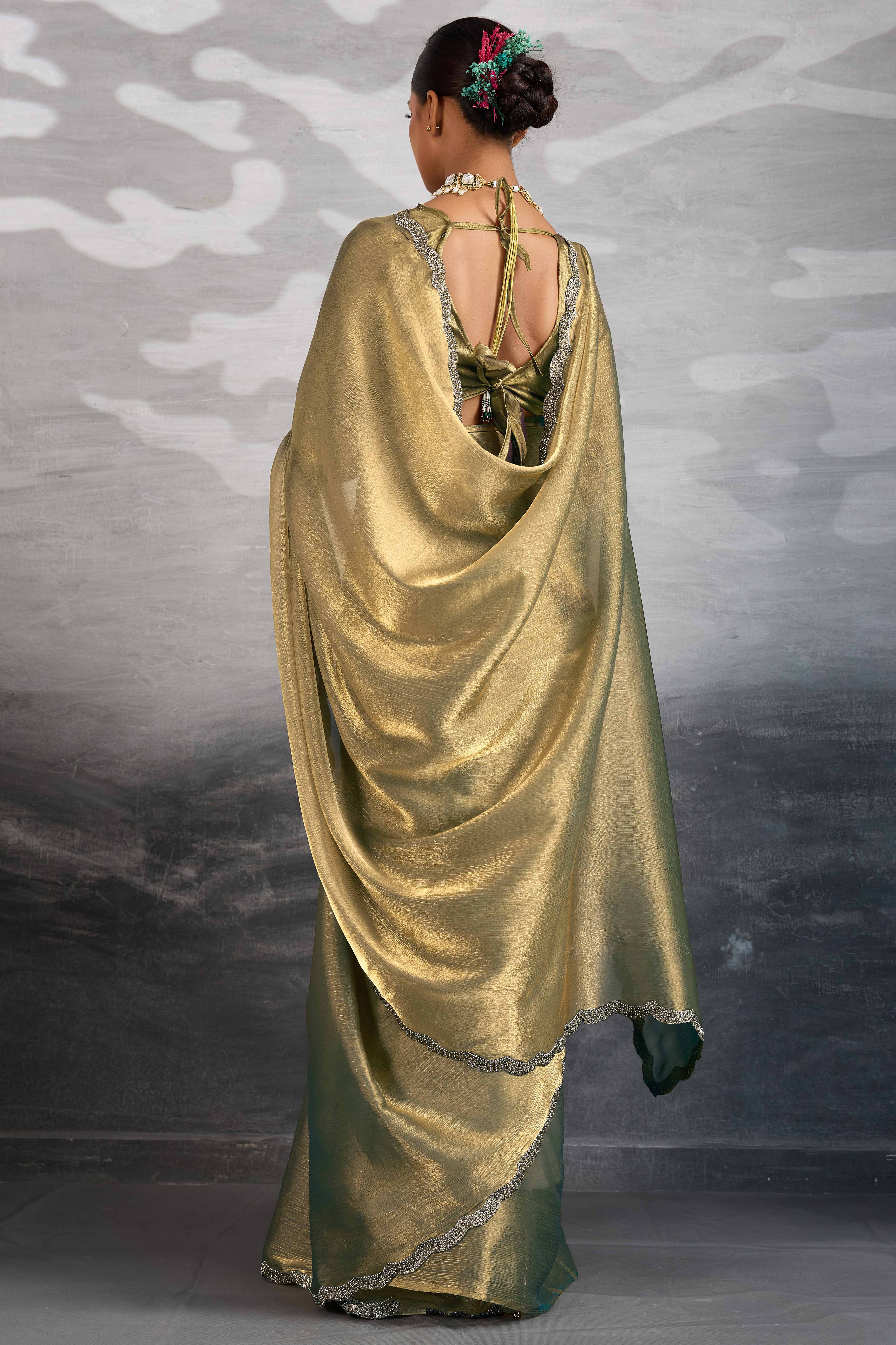 Grey Burberry Chiffon Saree Embellished With Zarkan & Cutdana Appliqué Lace Border