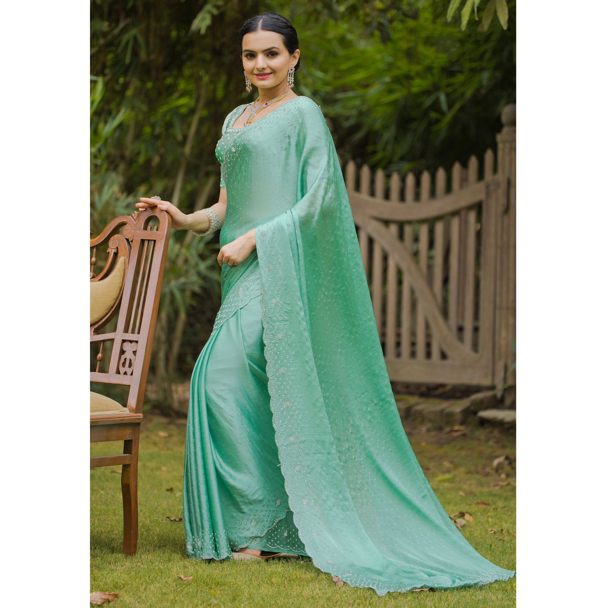 Rama Green Embellished Satin Saree With Stones Work