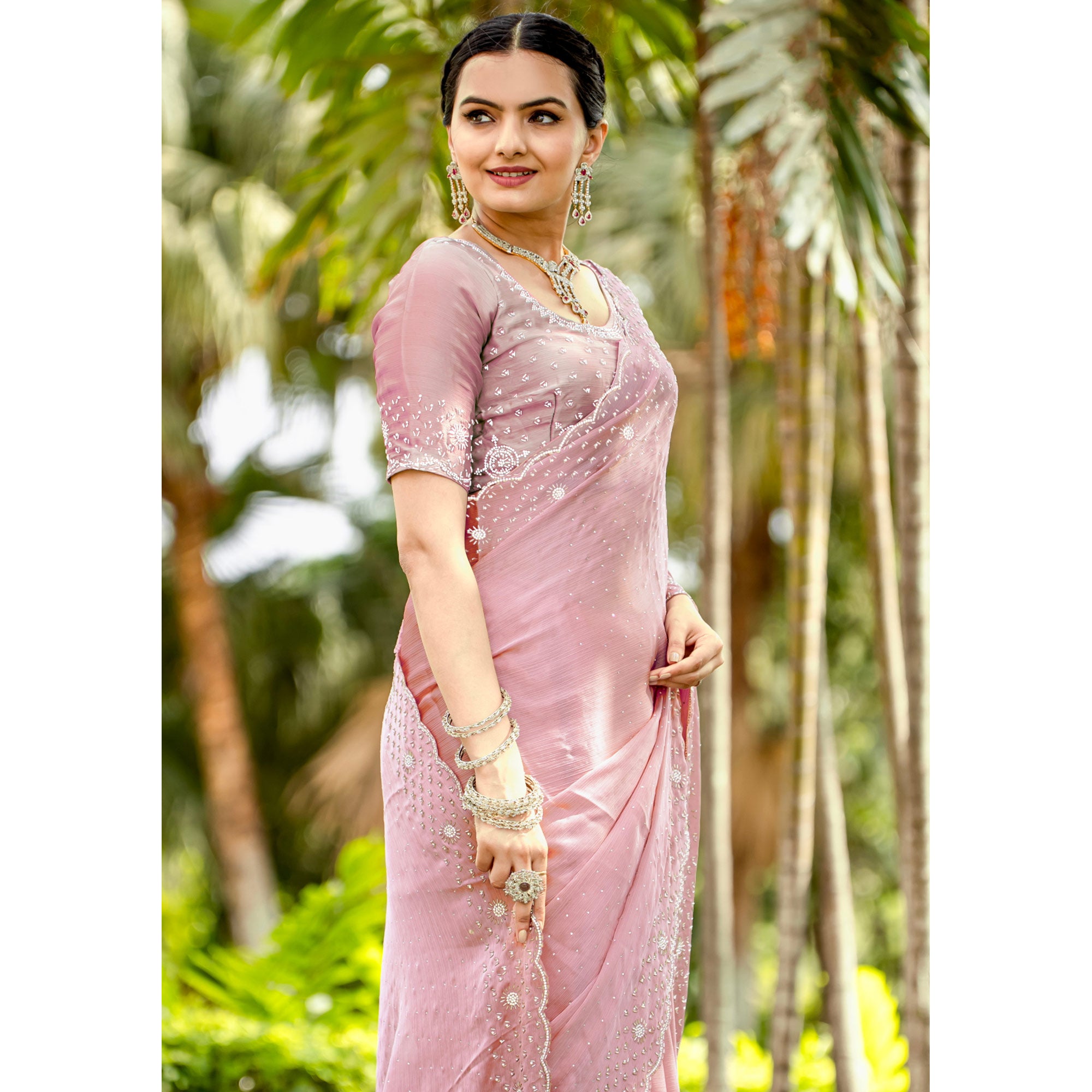 Dusty Pink Embellished Satin Saree With Stones Work