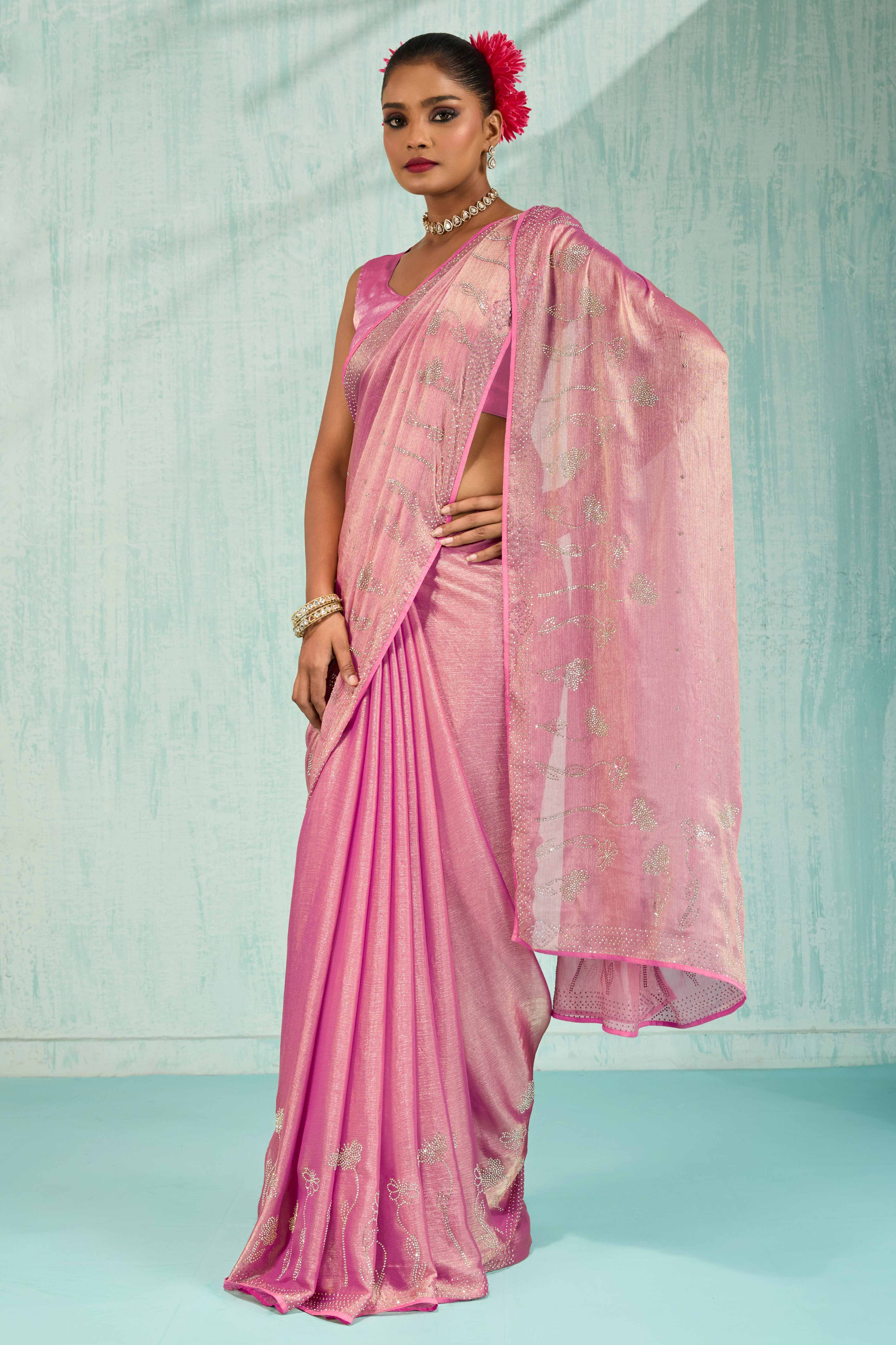 Elegant Party Wear Saree in Pink Chiffon with Stone Embellishment