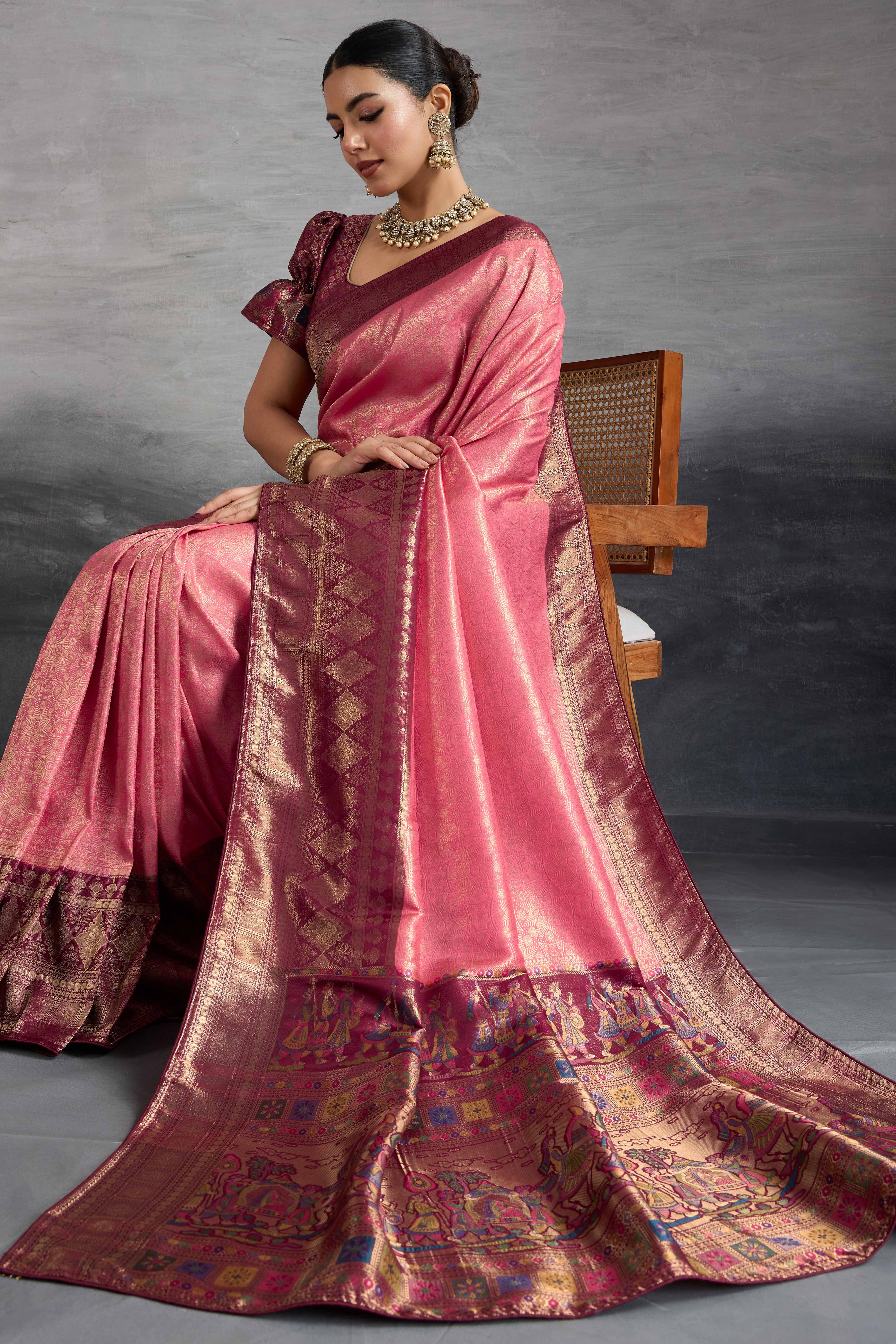 Pink Silk Kanjivaram Silk Saree Enhanced With Meenakari Weaving Borders