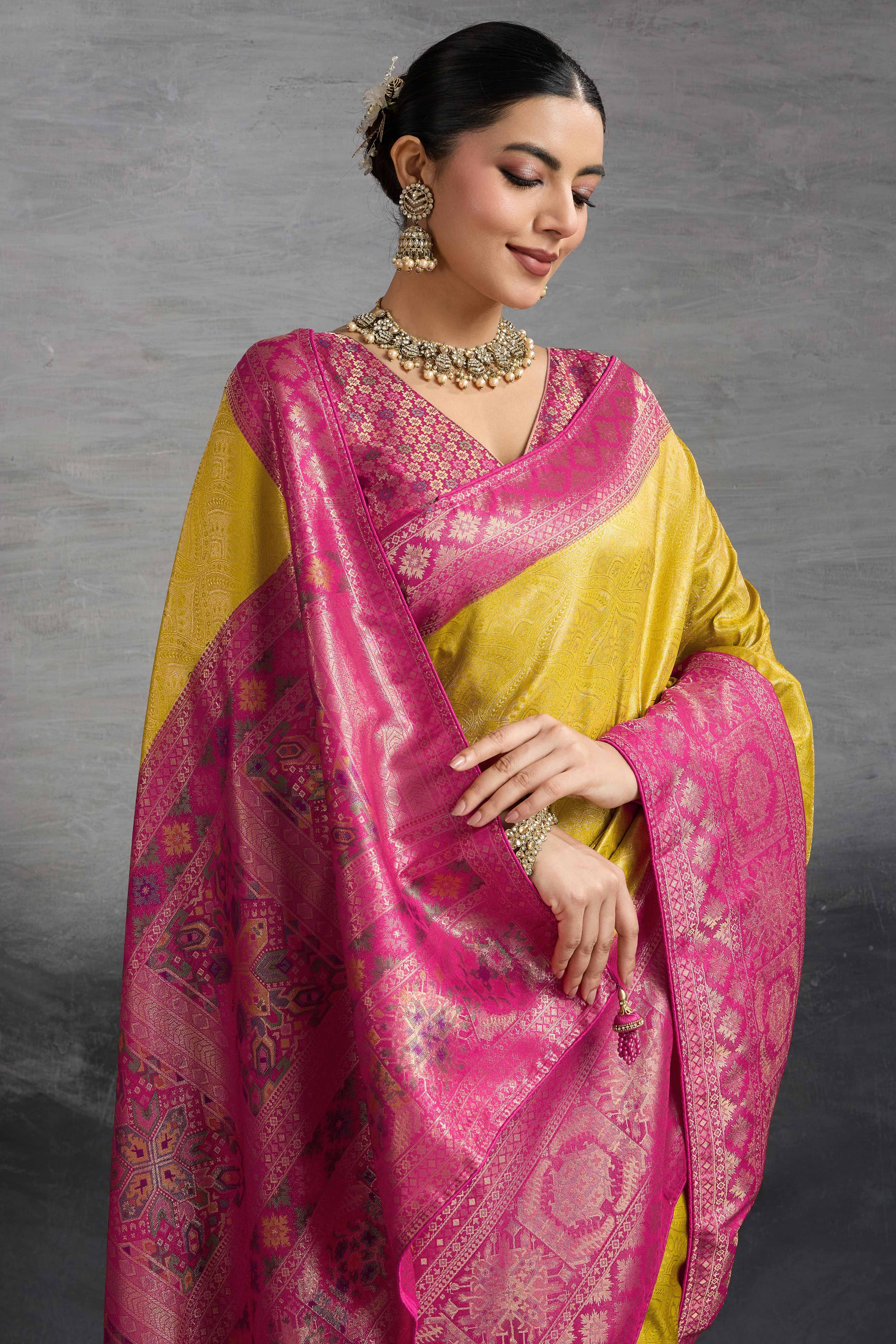 Traditional Mustard Kanjivaram Soft Silk Saree with Bold Kadiyal Weave