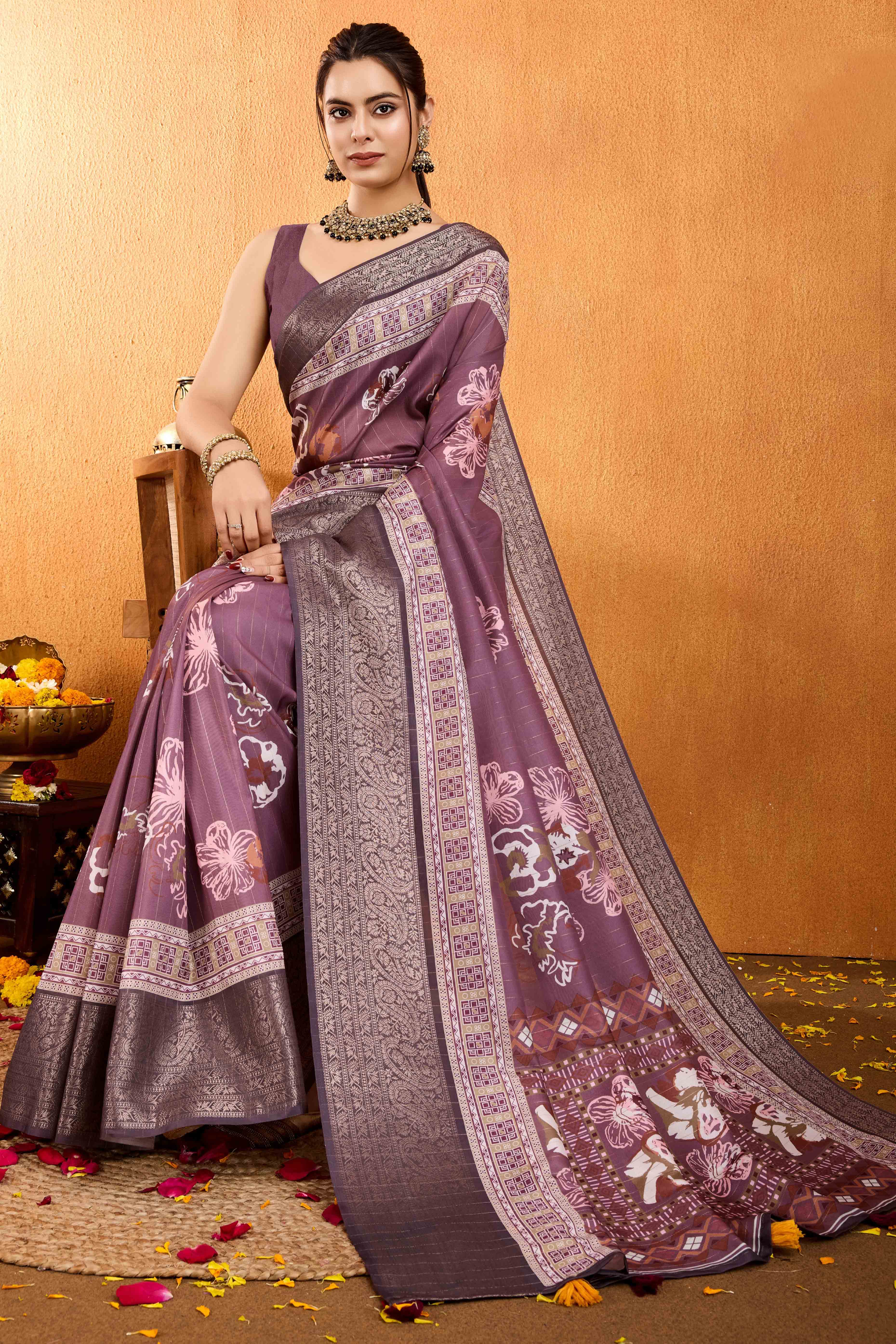 Dark Mauve Floral Printed Crepe Saree With Rich Zari Border