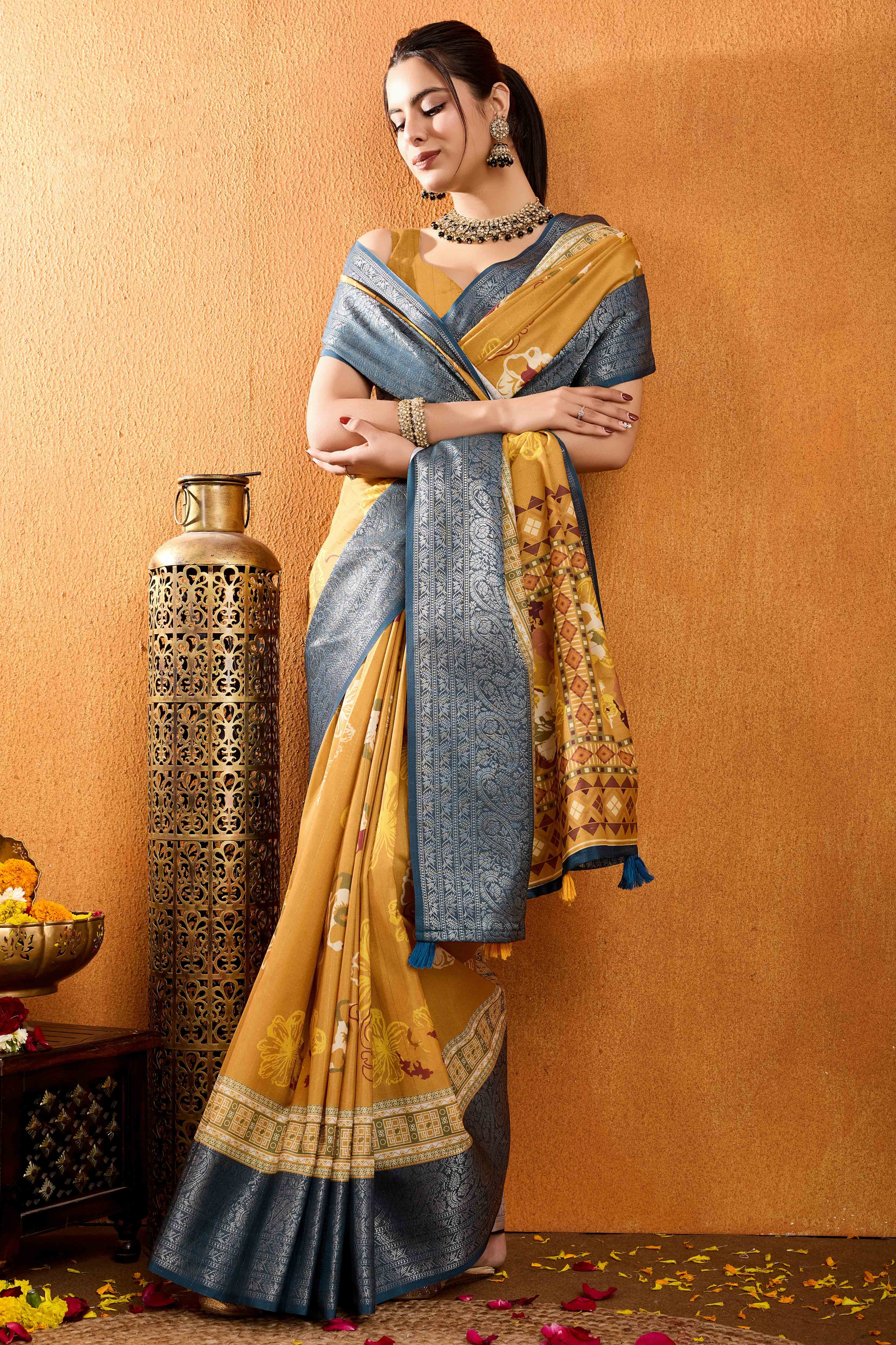 Mustard Floral Printed Crepe Saree With Rich Zari Border