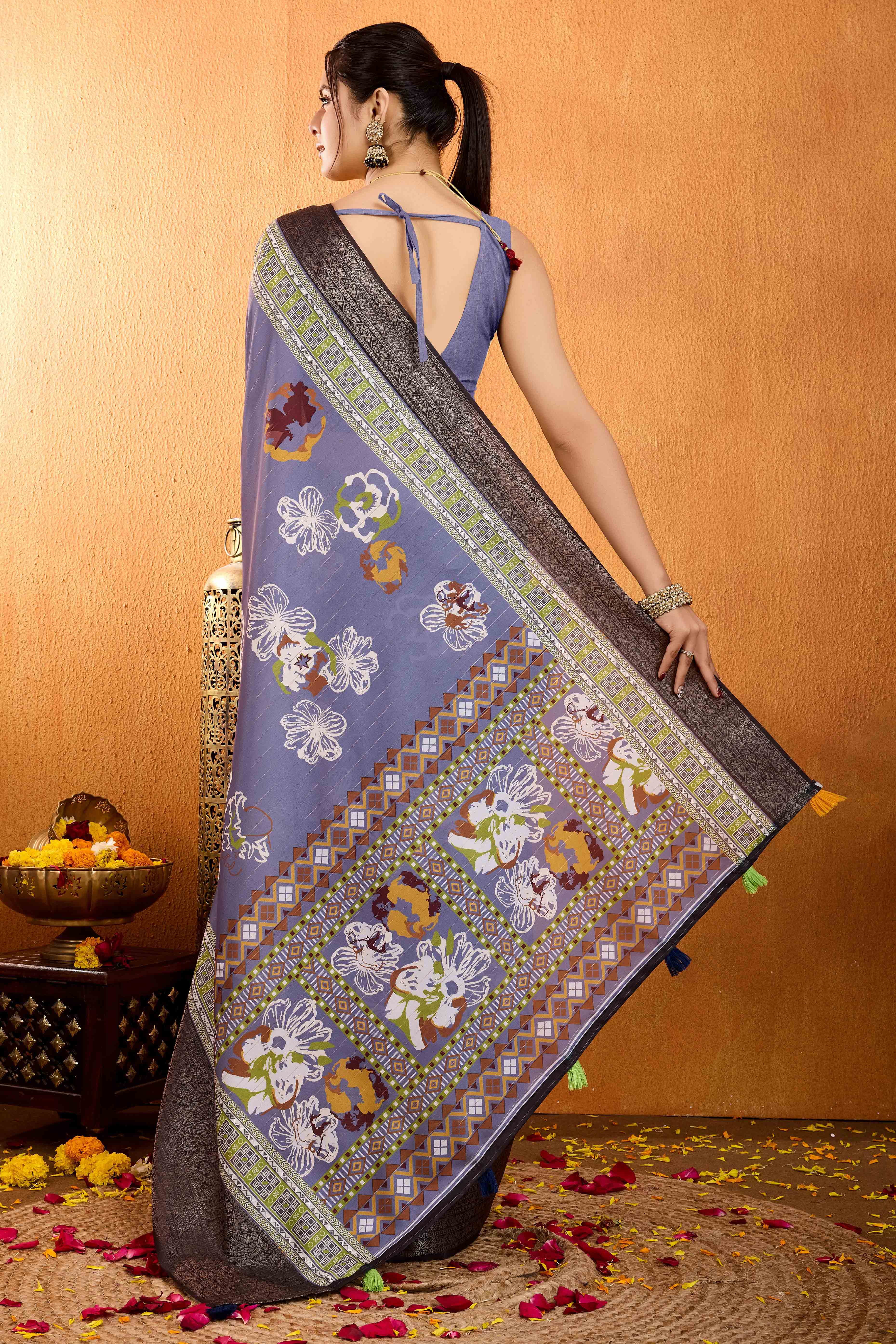 Lavender Floral Printed Crepe Saree With Rich Zari Border