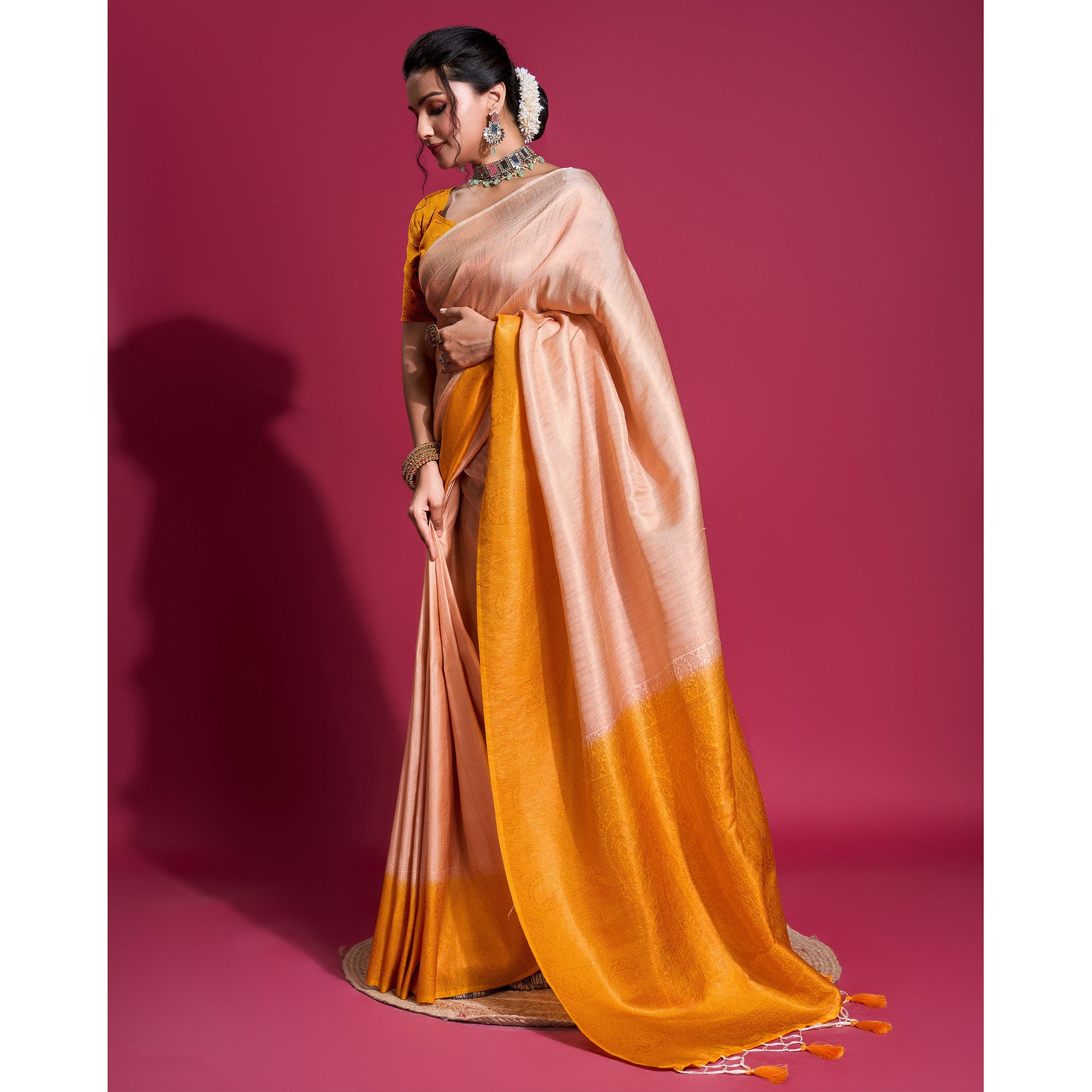 Peach & Yellow Woven Kanjivaram Silk Saree With Tassels