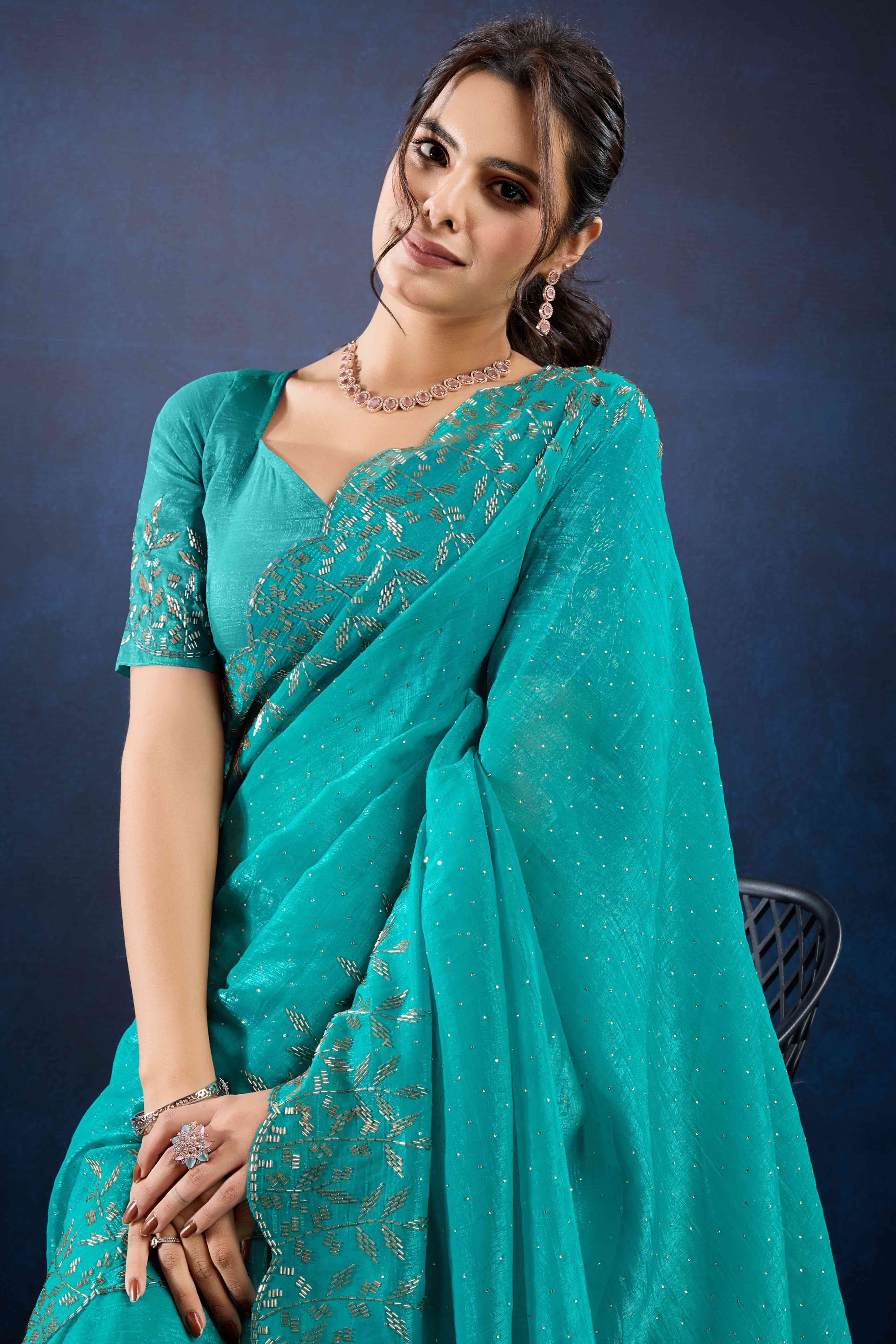 Rama Blue Floral Handwork Crush Silk Fancy Fabric Saree