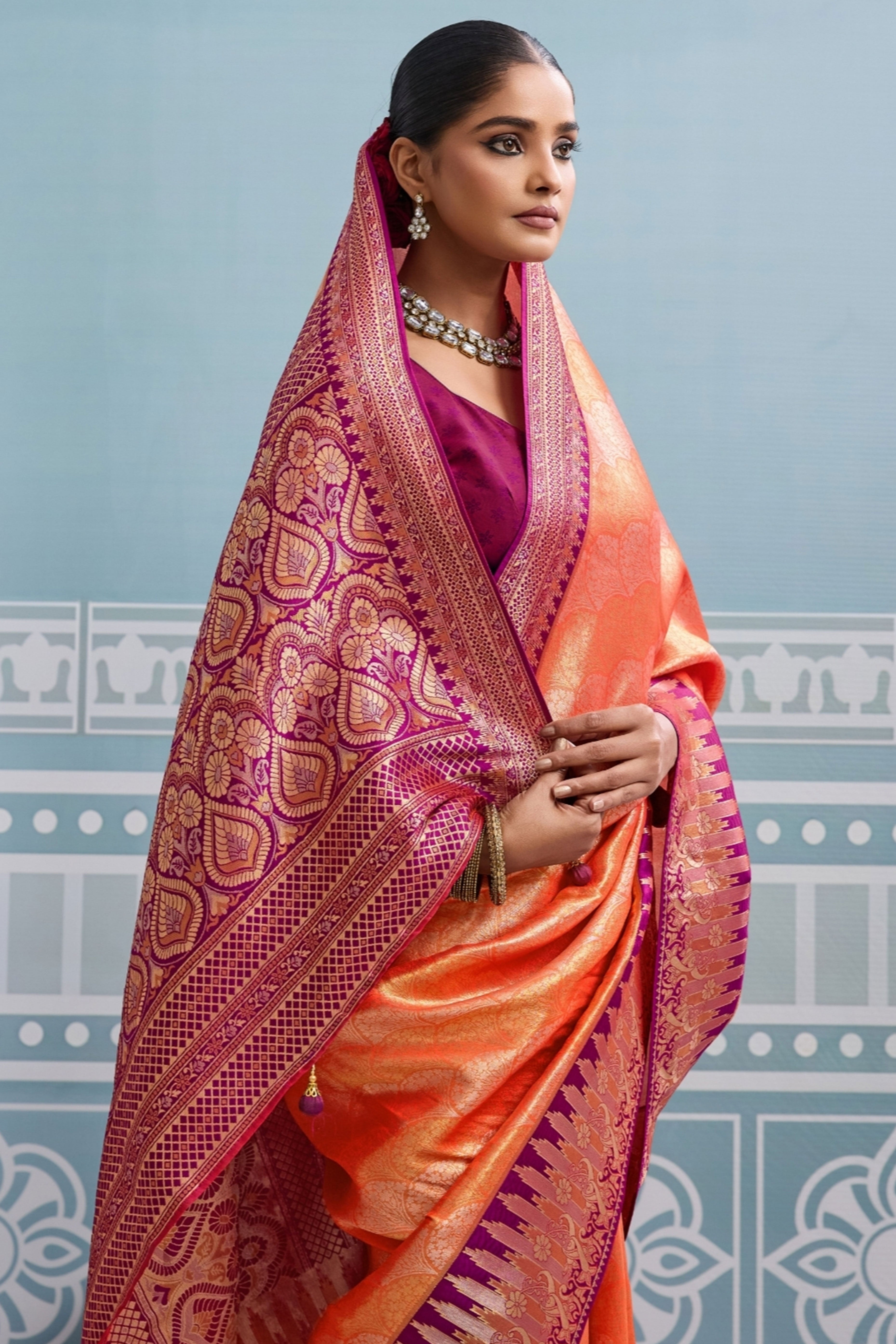 Orange Soft Kanjivaram Silk Saree with Classic Zari Weaving for Elegant Styling