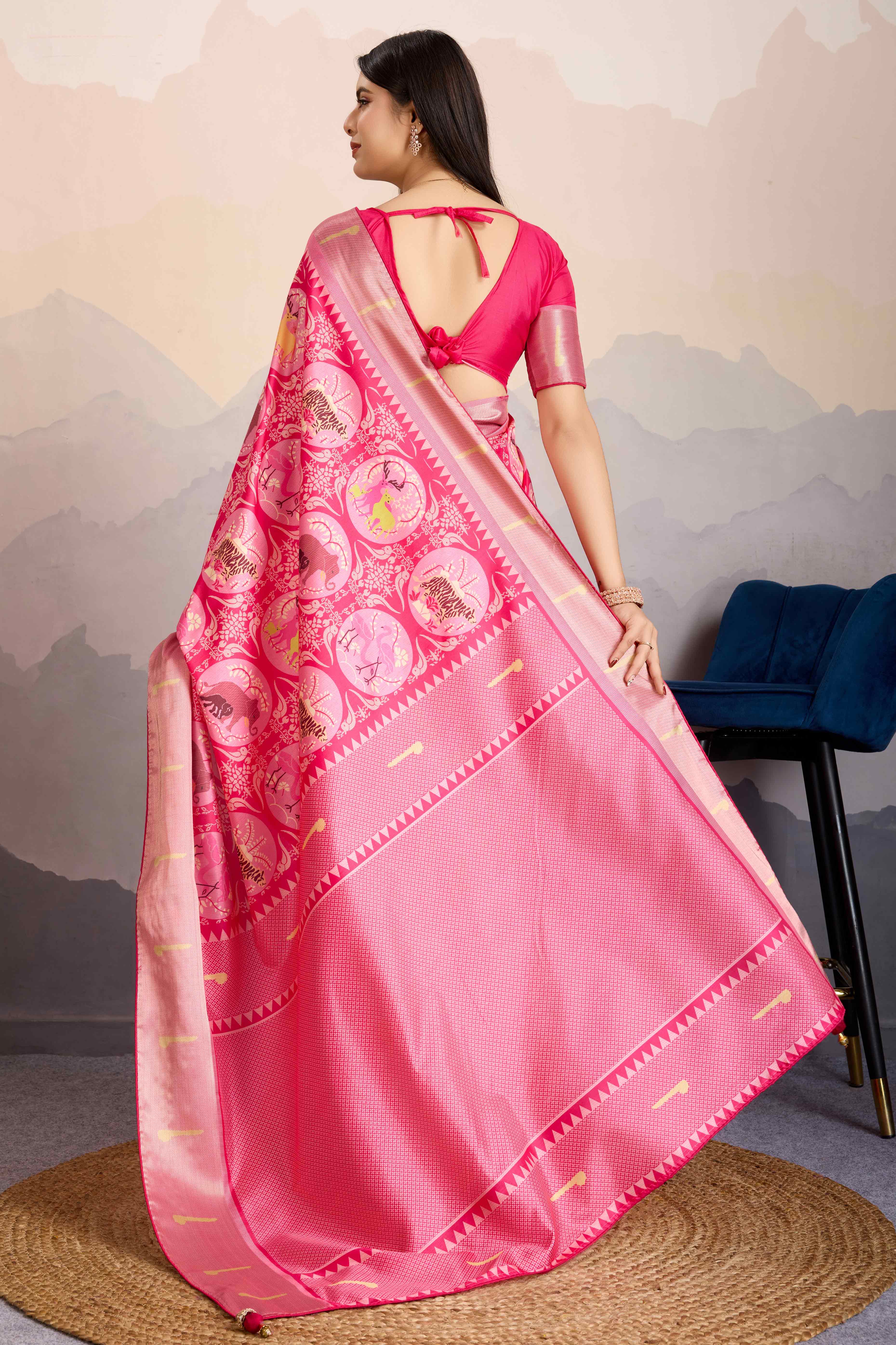 Pink Digital Printed Dola Silk Saree With Exquisite Weaving Zari Border & Opulent Pallu