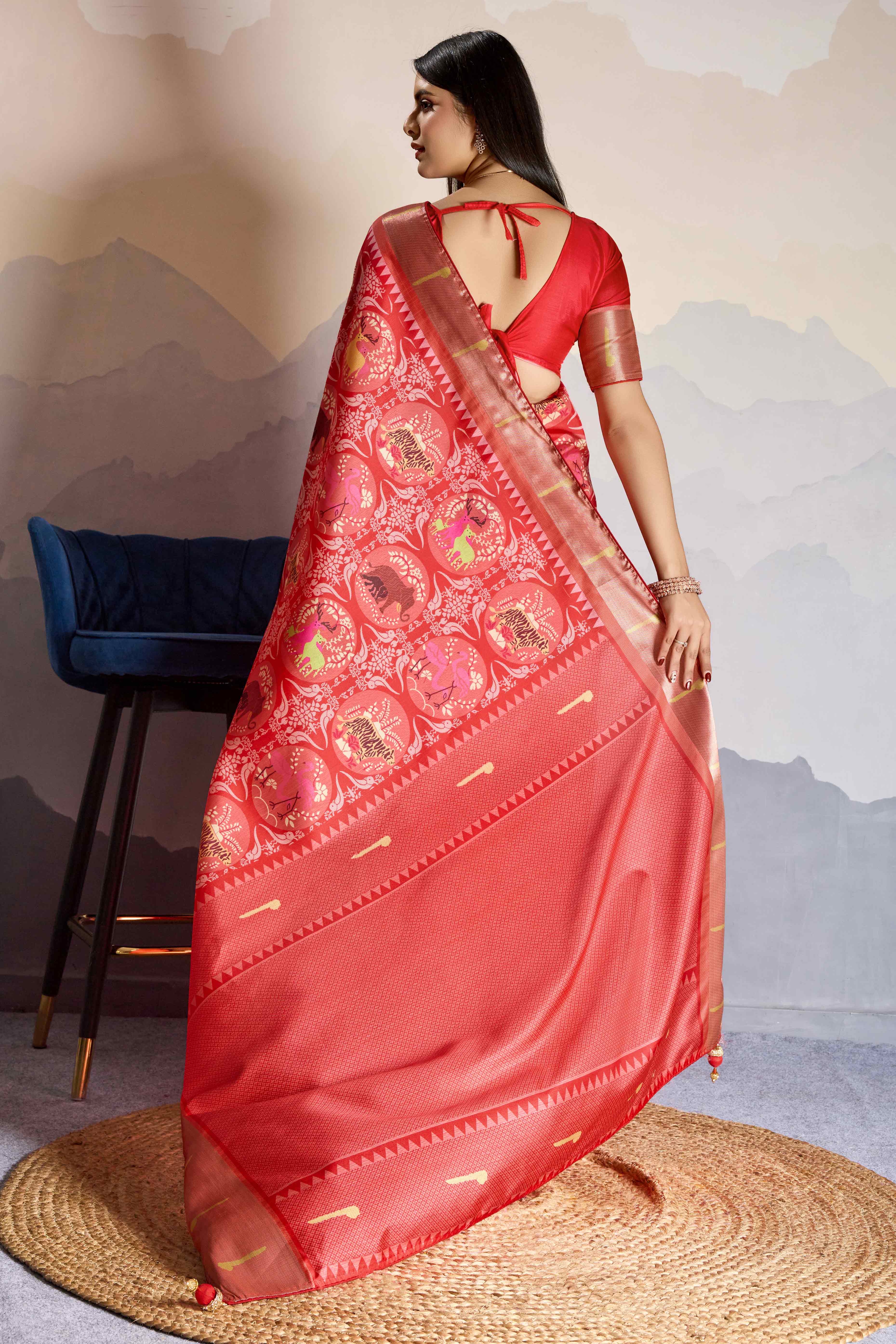 Red Digital Printed Dola Silk Saree With Exquisite Weaving Zari Border & Opulent Pallu