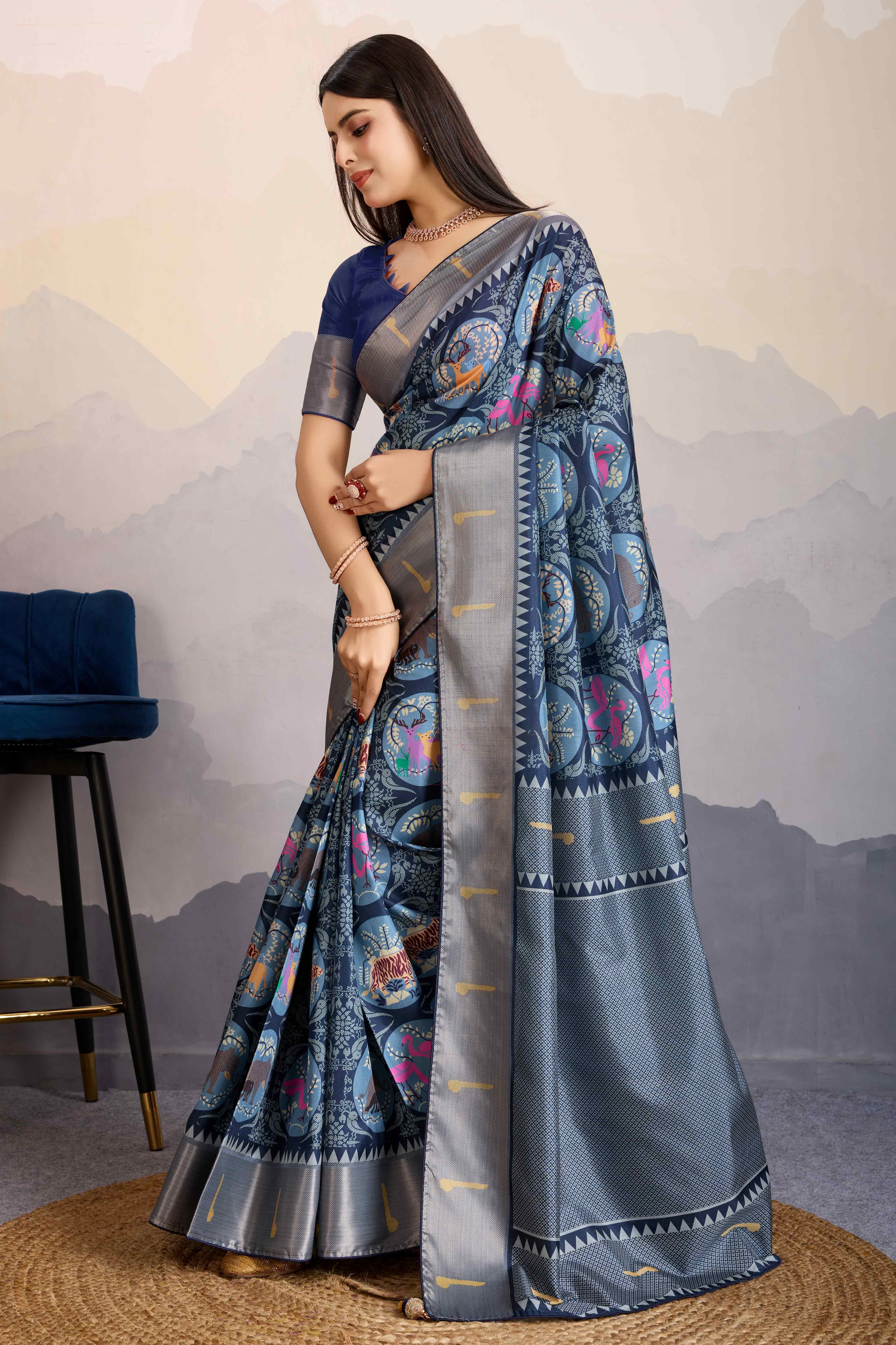 Blue Digital Printed Dola Silk Saree With Exquisite Weaving Zari Border & Opulent Pallu