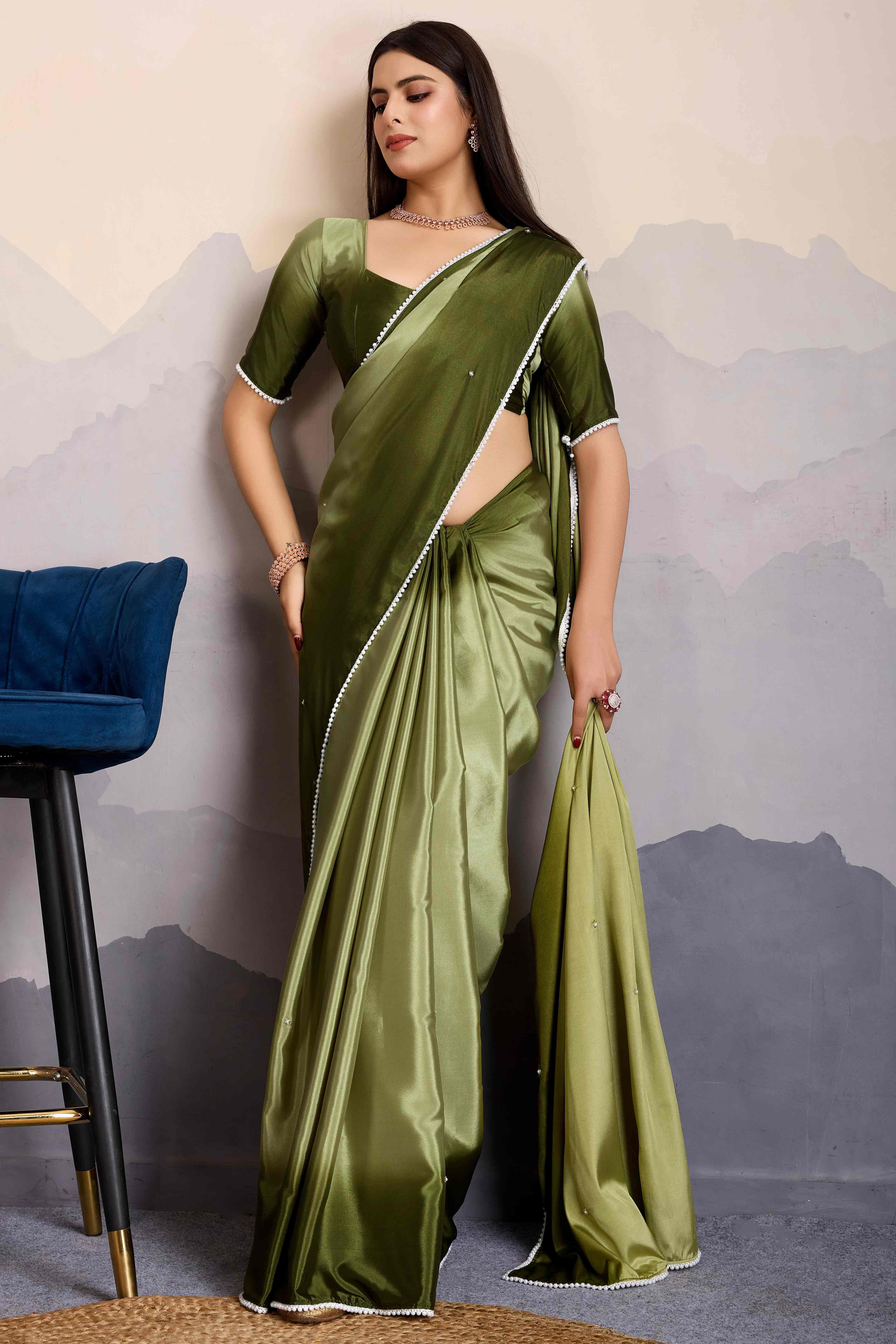 Green Ombre Satin Saree with Delicate Bead Embellishments