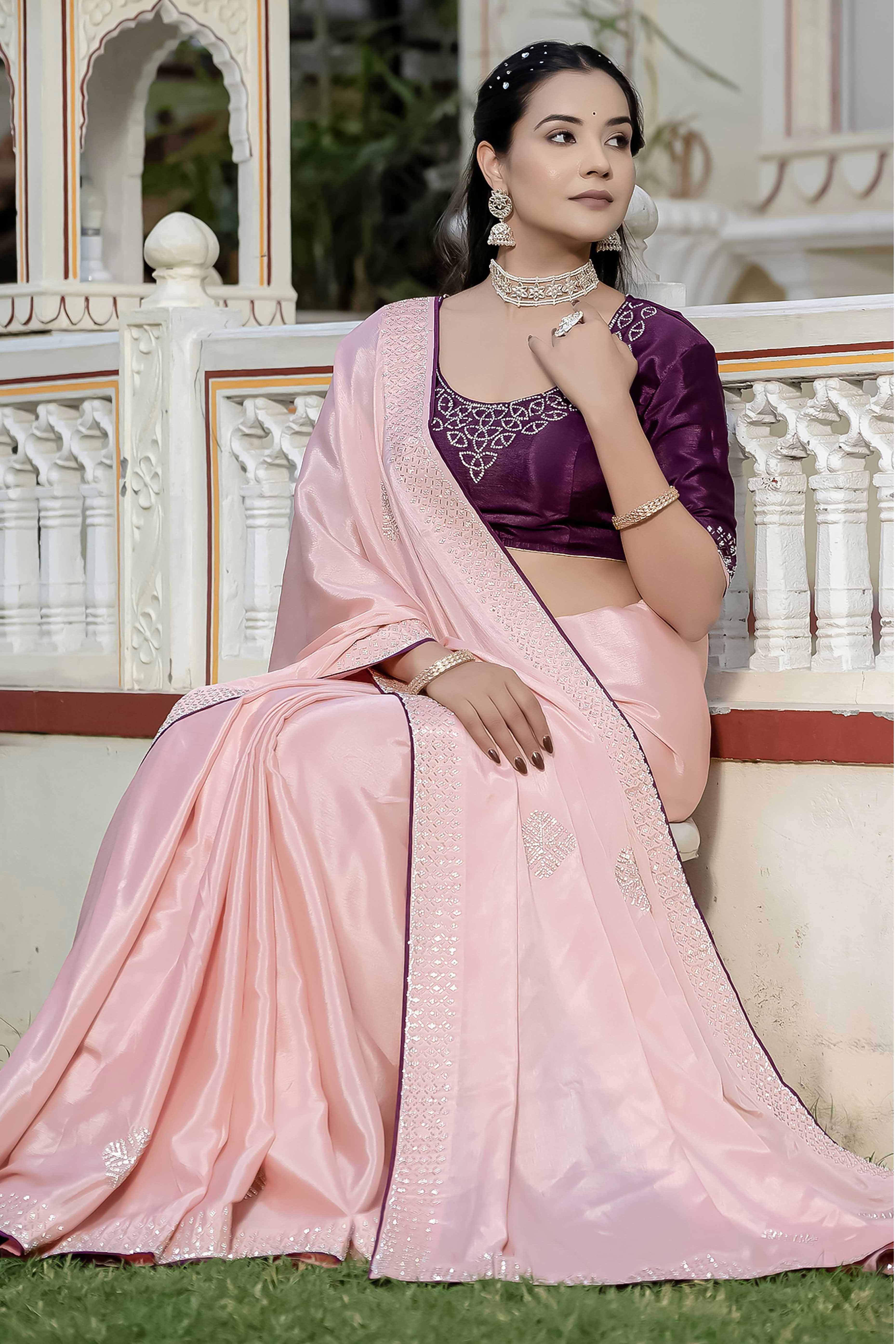 Pink Chinon Saree Adorned With Scattered Buttas & Intricate Beads & Zarkan Handwork