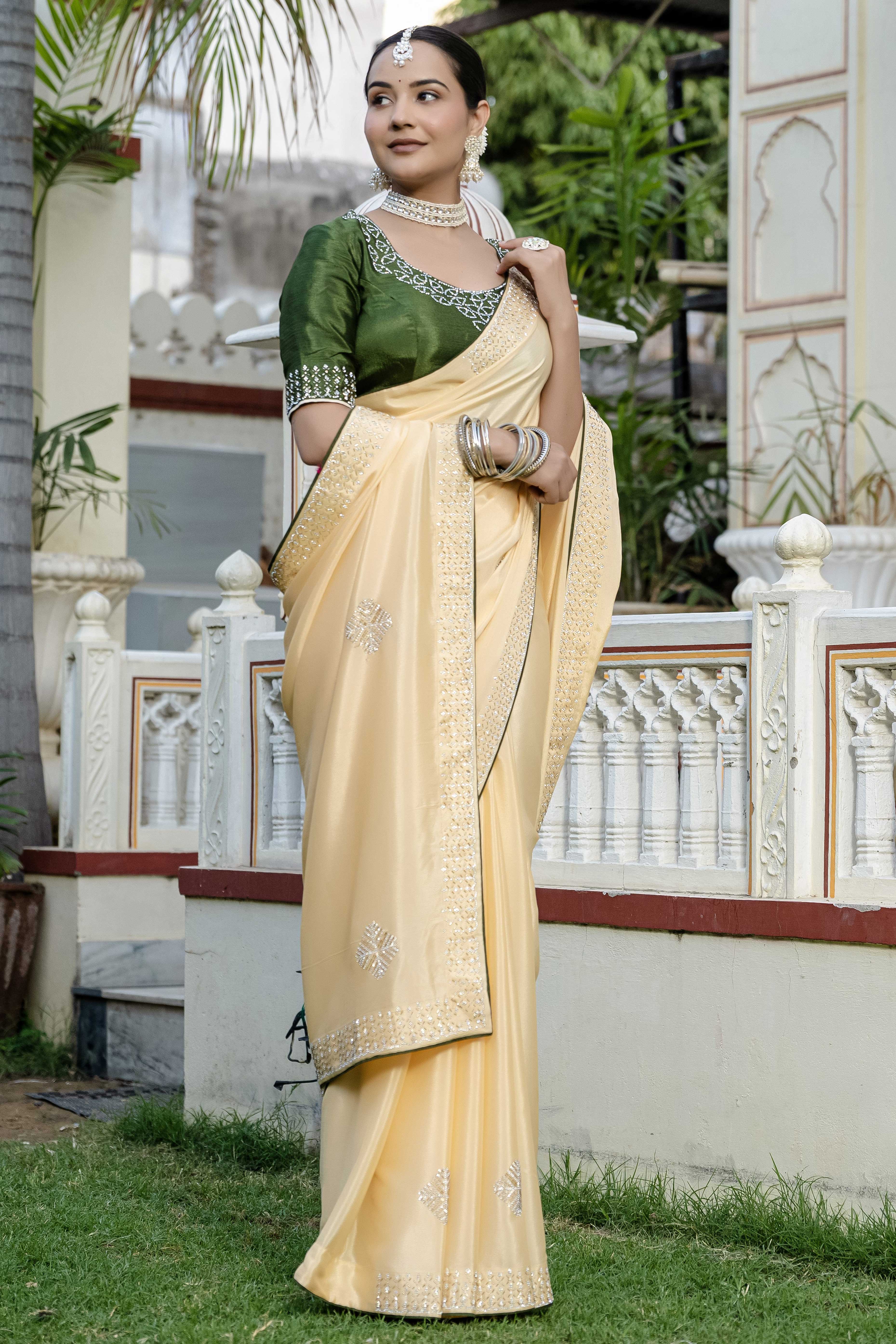 Yellow Chinon Saree Adorned With Scattered Buttas & Intricate Beads & Zarkan Handwork