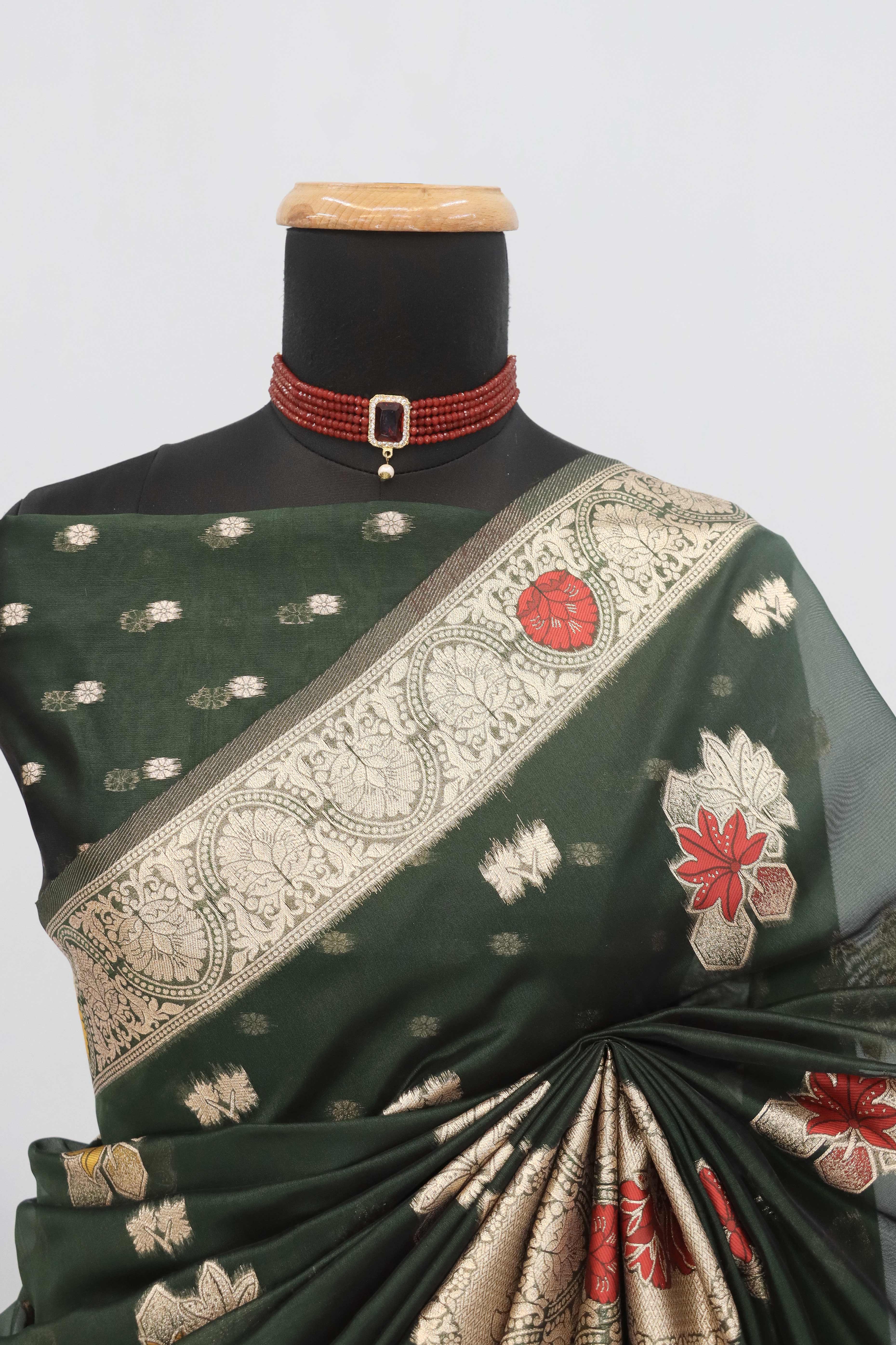 Charming Dark Green Zari Woven Floral Organza Saree Accented With Digital Printed Pallu & Latkan