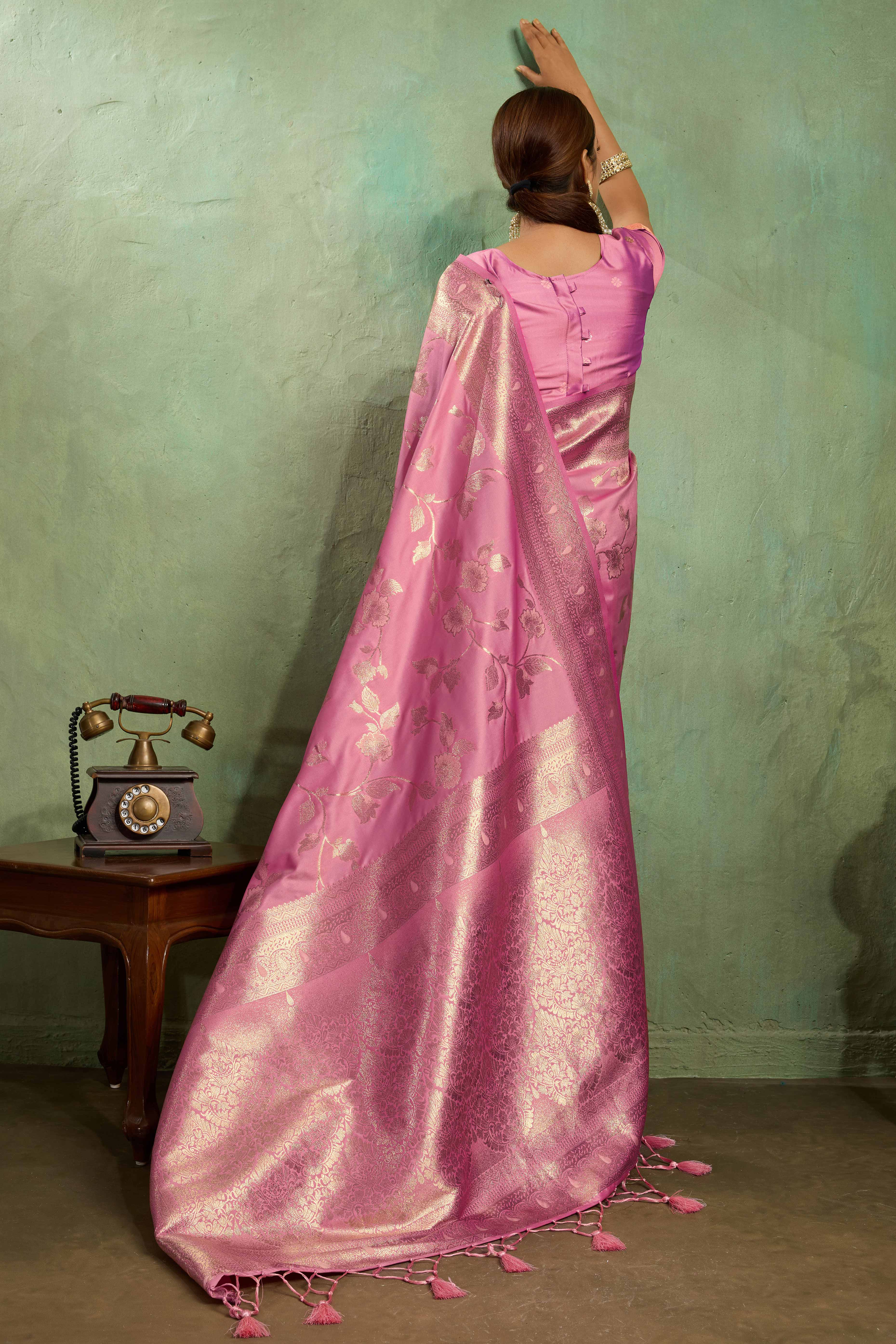 Pink Dual Tone Banarasi Silk Saree Accented with Meenakari Weaves