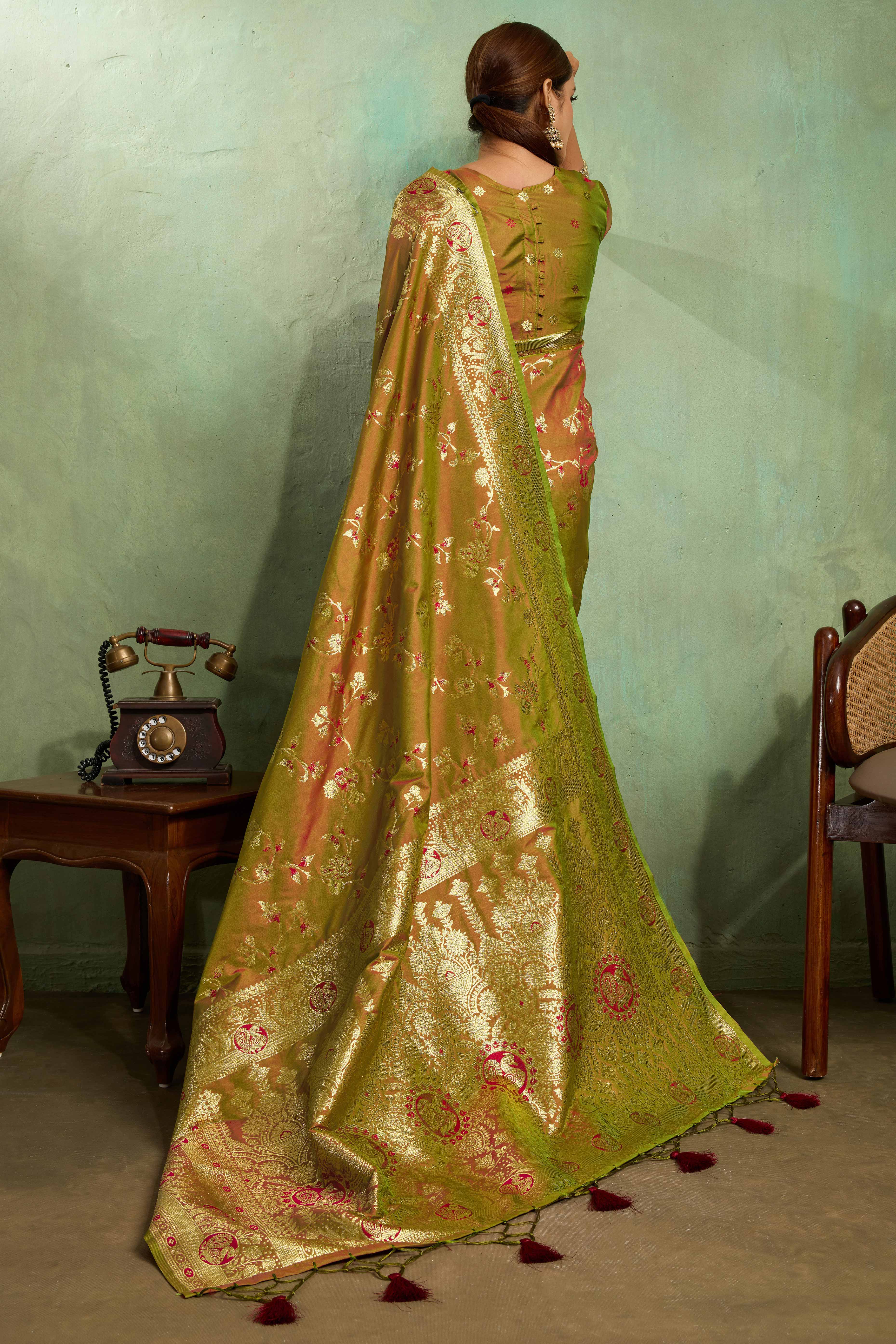 Olive Dual Tone Banarasi Silk Saree Accented with Meenakari Weaves