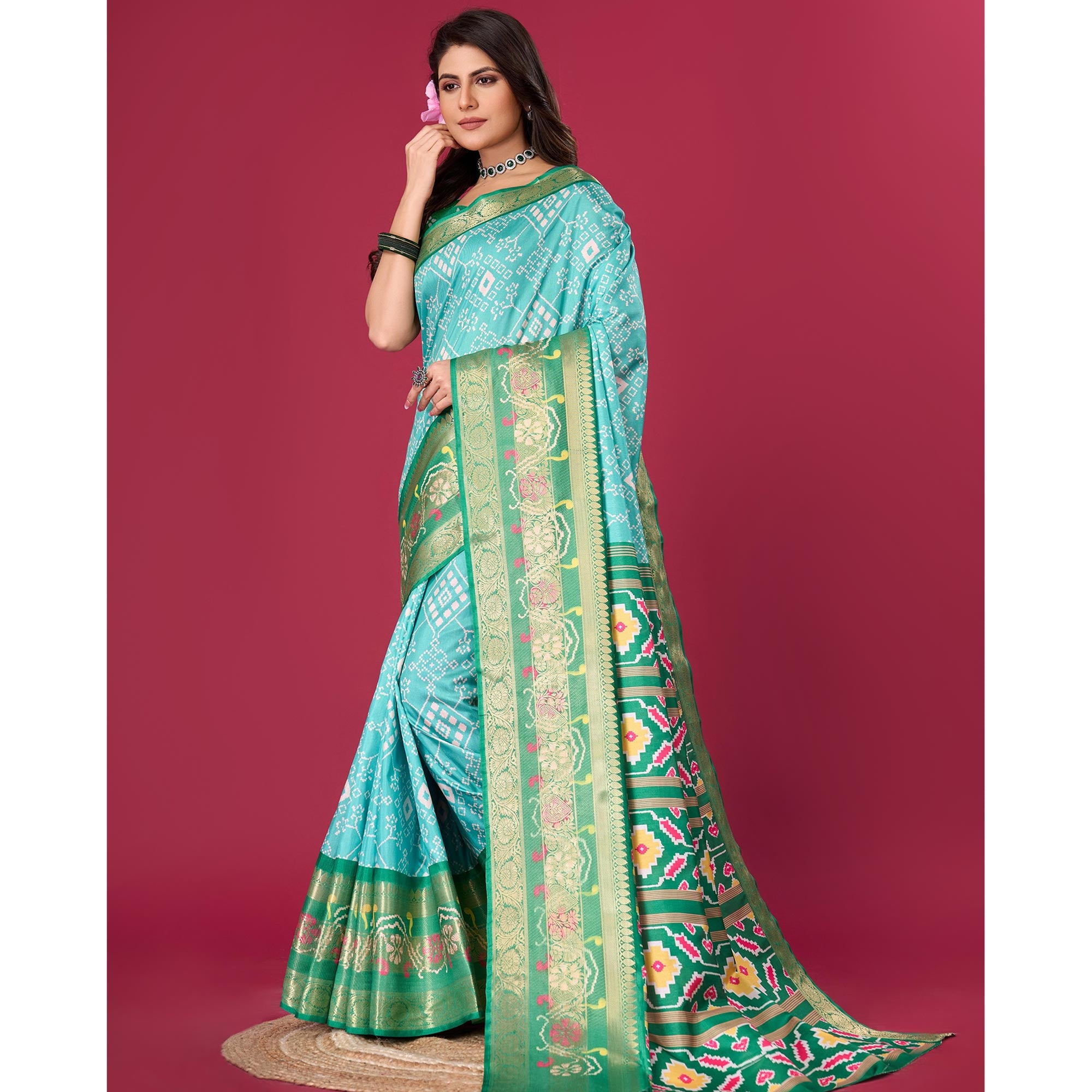 Turquoise & green Digital Patola Printed With Woven Border Dola Silk Saree