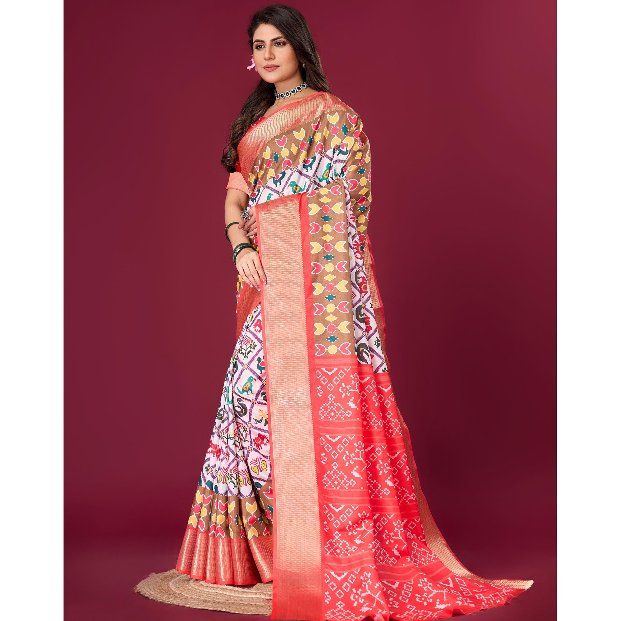 White & Red Digital Patola Printed With Woven Border Dola Silk Saree