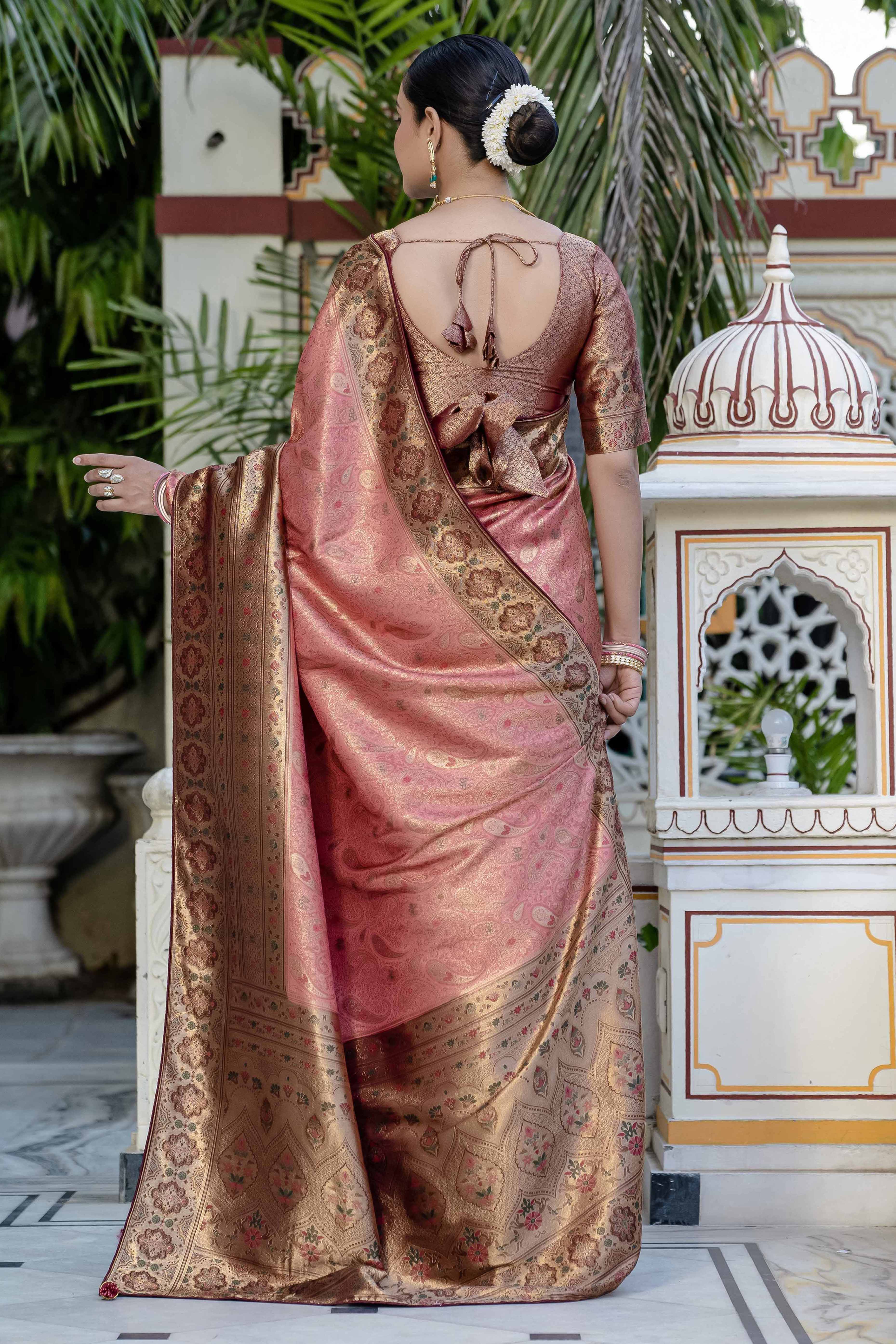 Gajari Pink Kanjivaram Silk Saree Showcasing Floral Meenakari Zari Weaving With Piping & Tassels