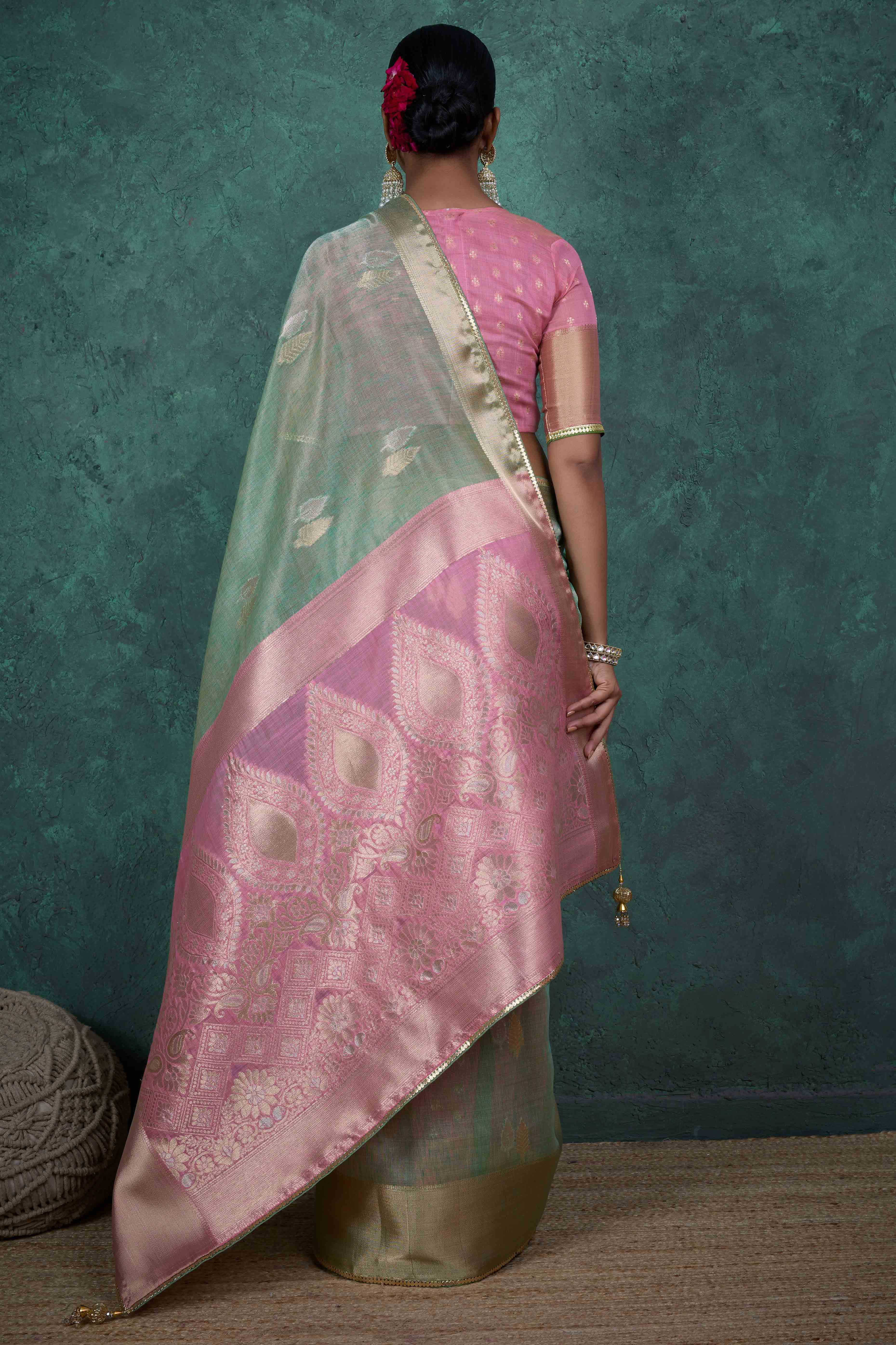 Mint Green Ethnic Cotton Blend Saree with Shimmering Zari Butti Weaves