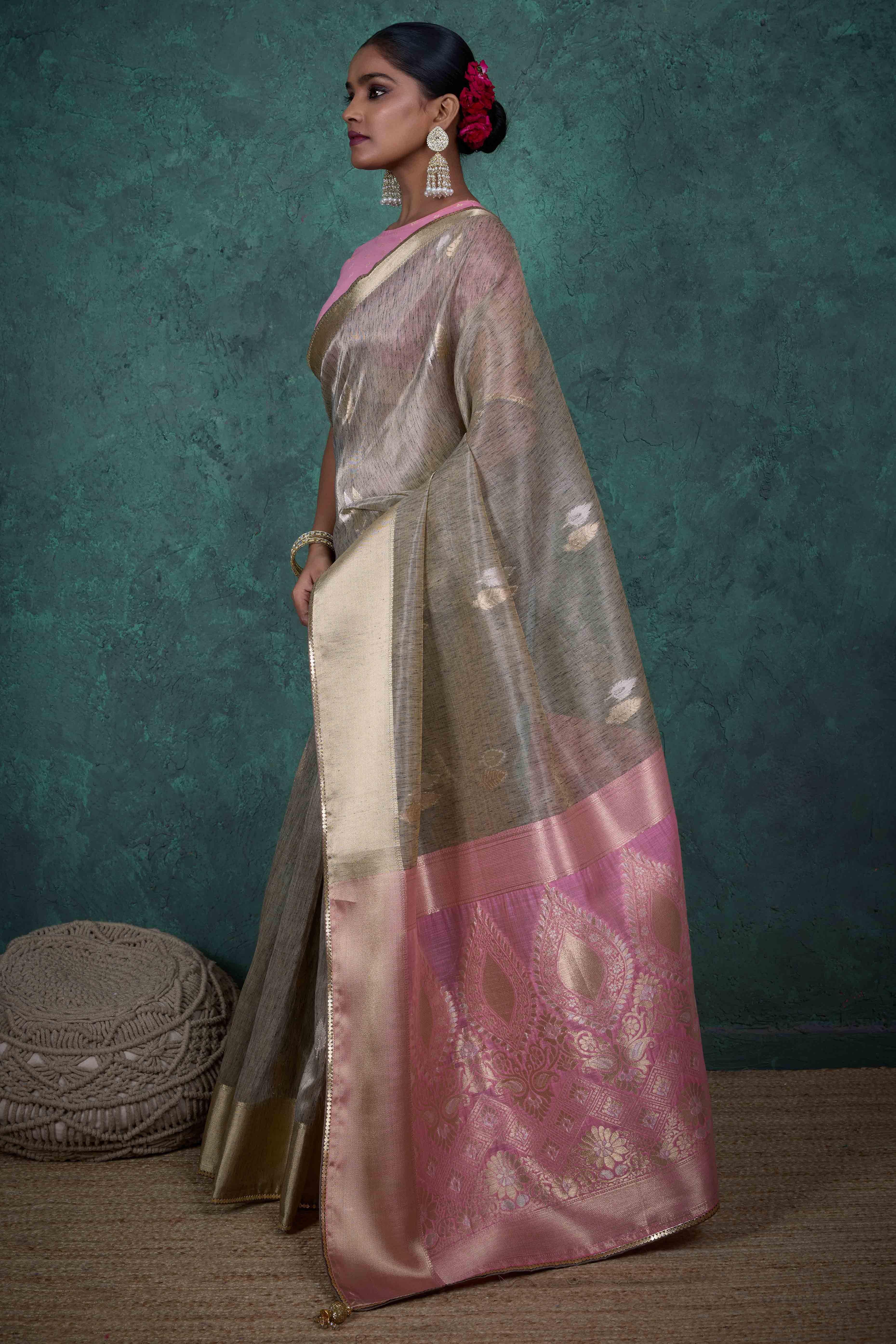 Taupe Grey Ethnic Cotton Blend Saree with Shimmering Zari Butti Weaves