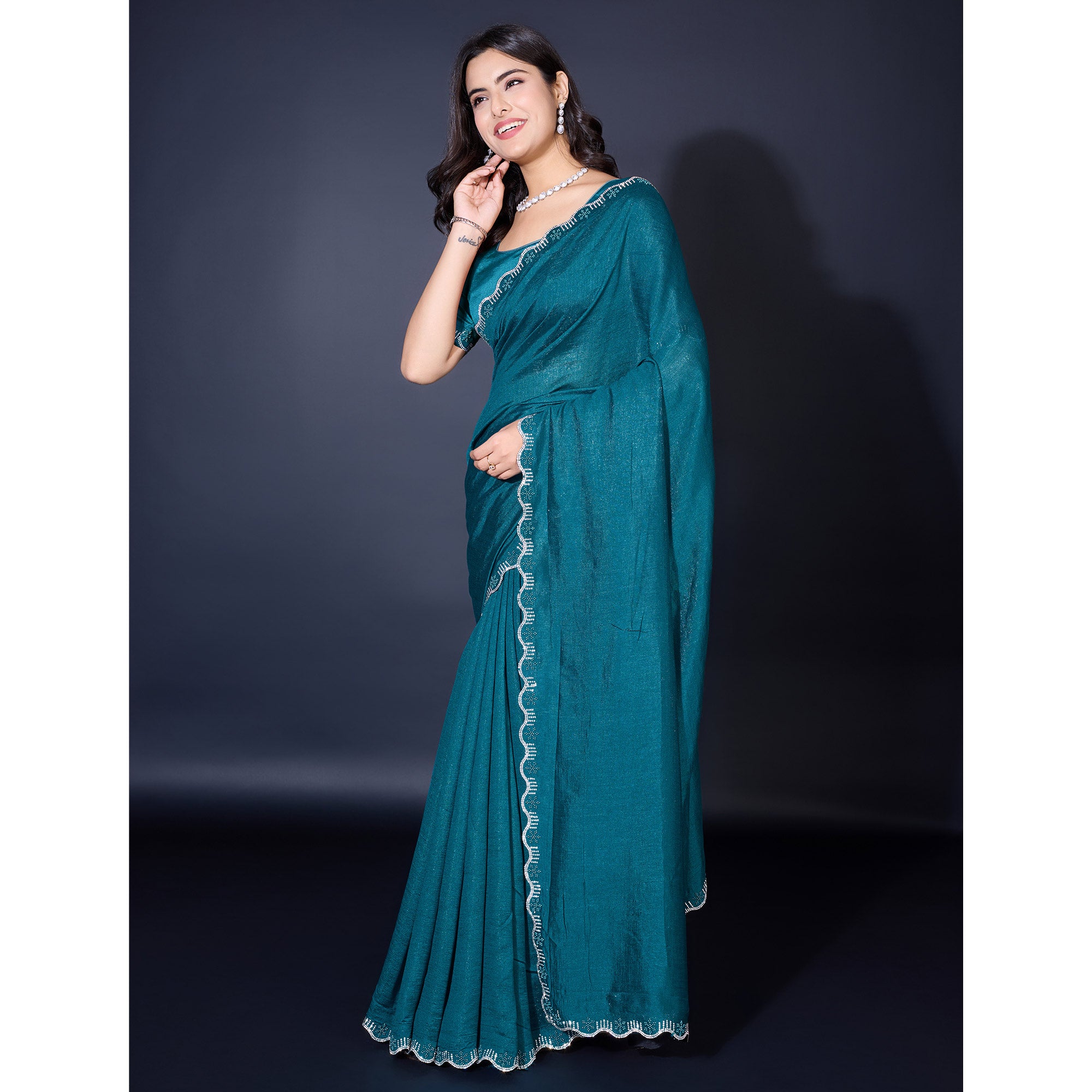Teal Pearl Work Embroidered Khaadi Saree