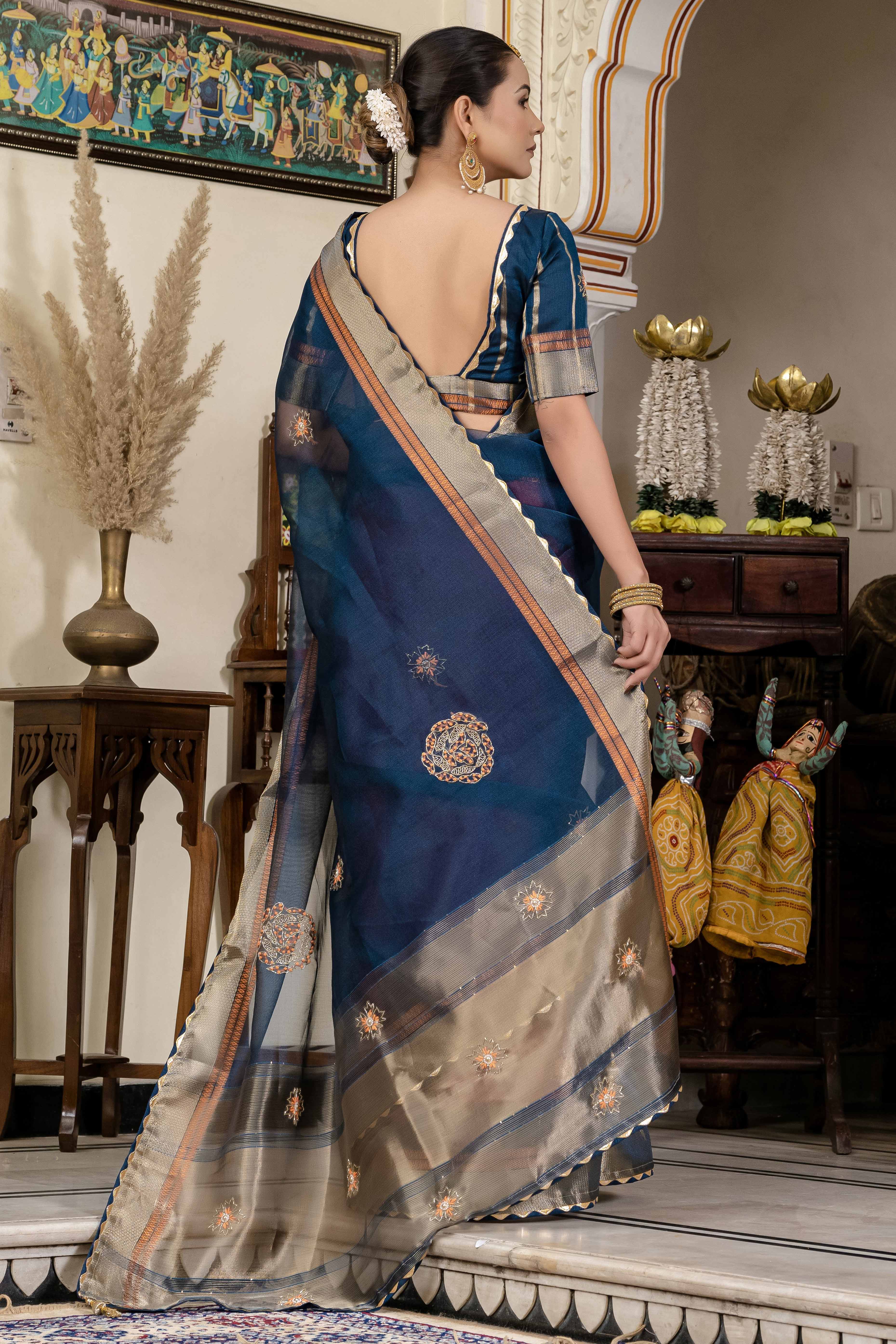 Blue Floral Beads & Cutdana Handwork Kota Linen Saree With Zari Woven Pallu