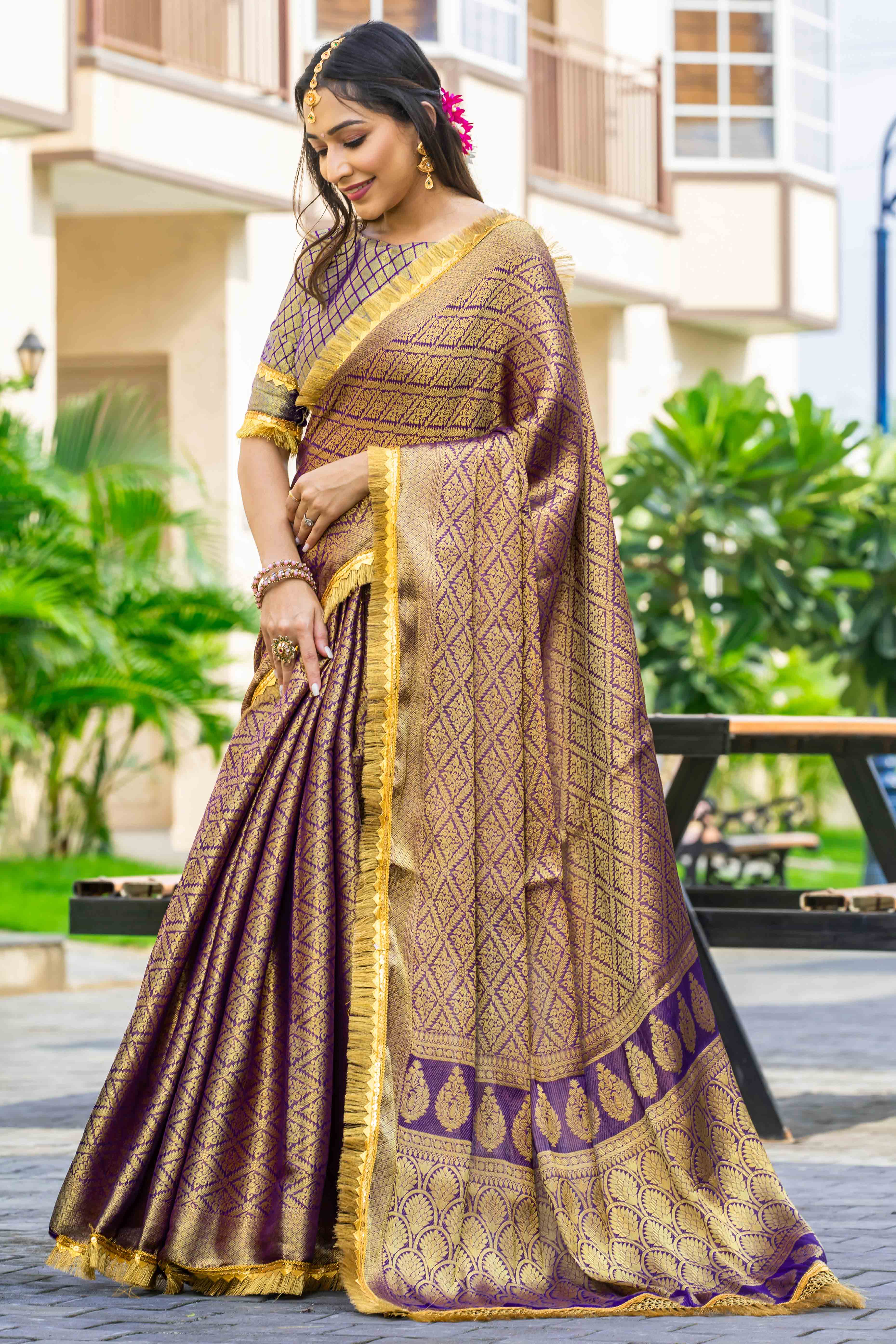 Purple Zari Weaving Mysore Brocade Silk Saree With Zari Border