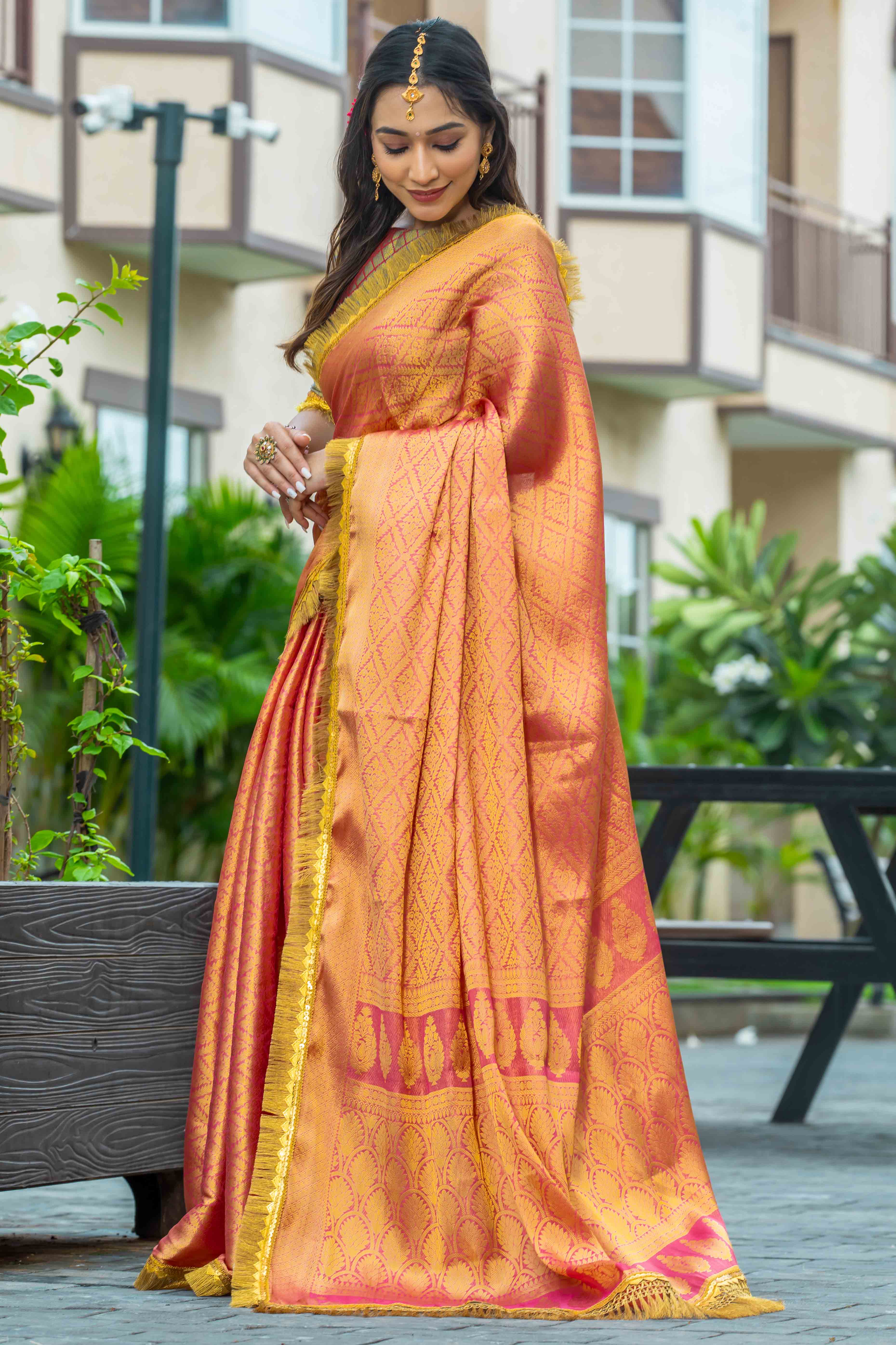Orange Zari Weaving Mysore Brocade Silk Saree With Zari Border