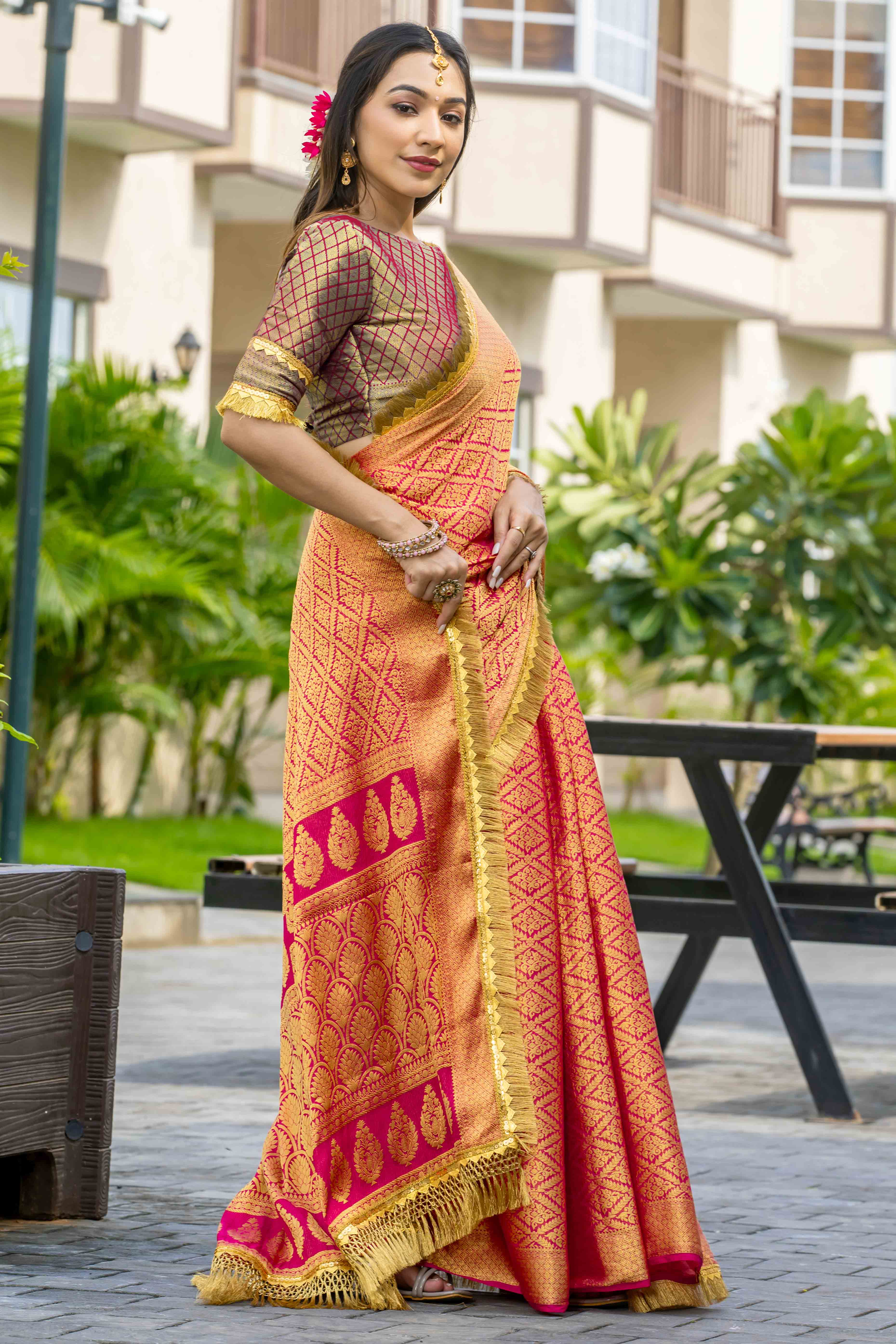 Pink Zari Weaving Mysore Brocade Silk Saree With Zari Border