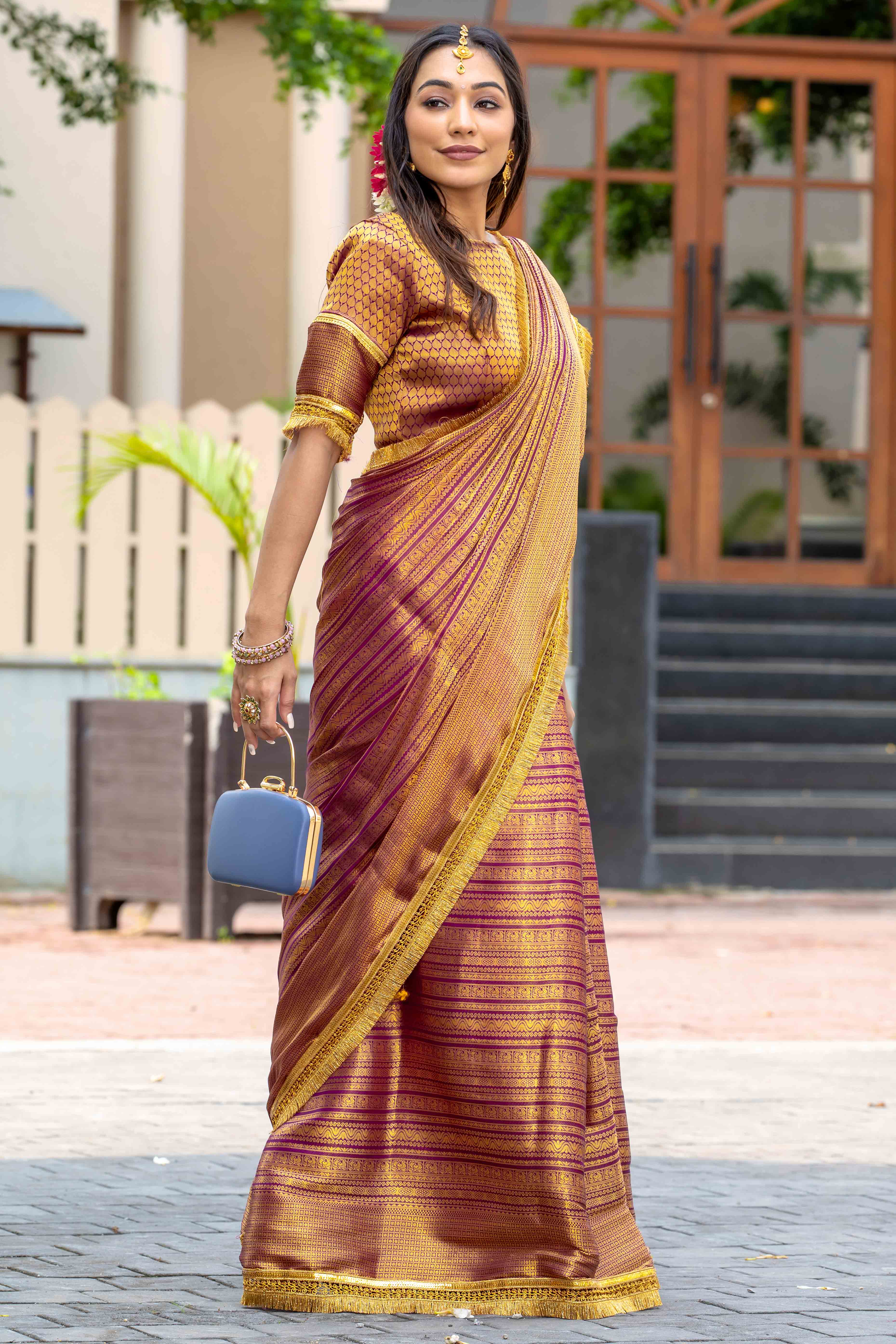 Wine Zari Weaving Mysore Brocade Silk Saree With Zari Border