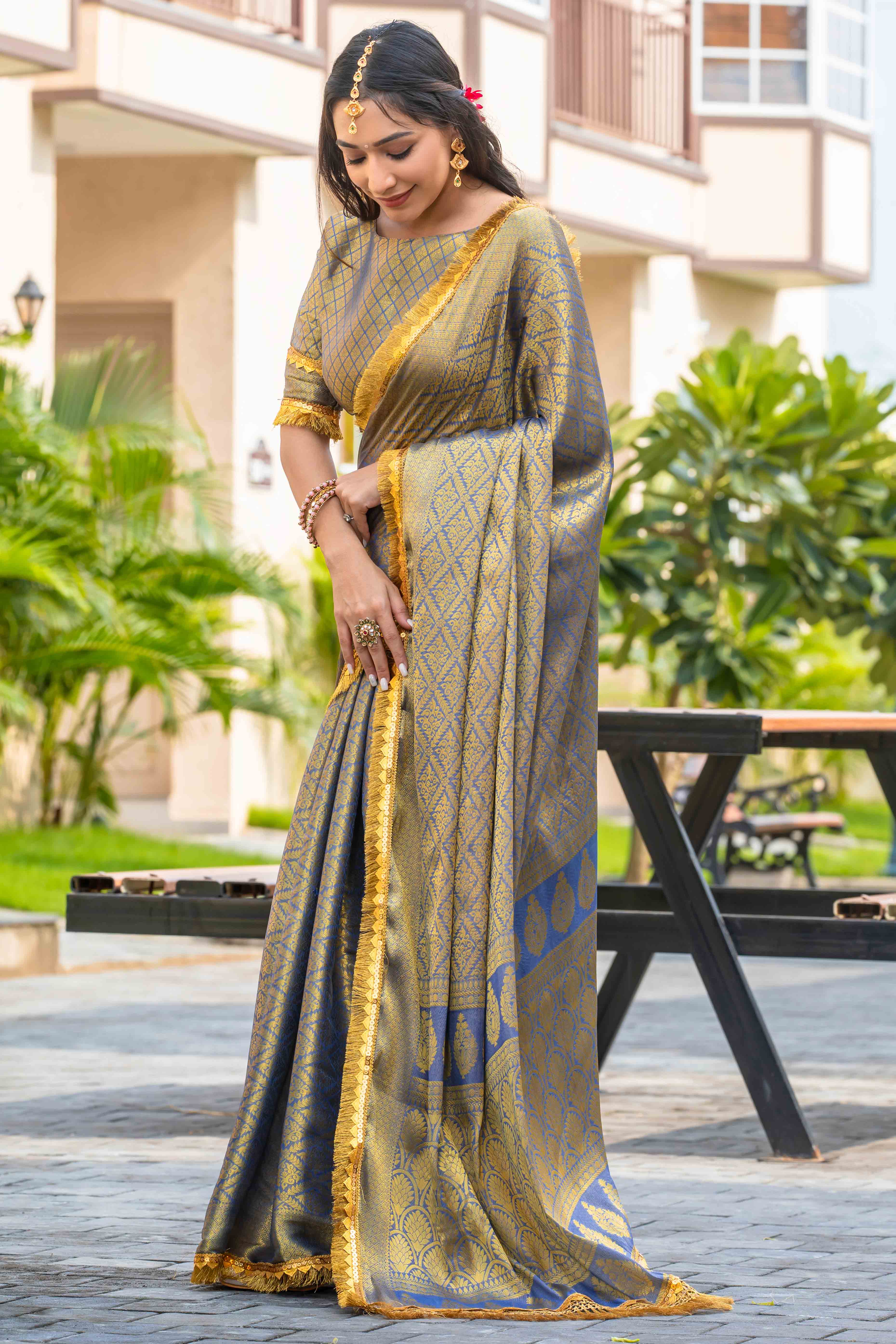 Grey Zari Weaving Mysore Brocade Silk Saree With Zari Border