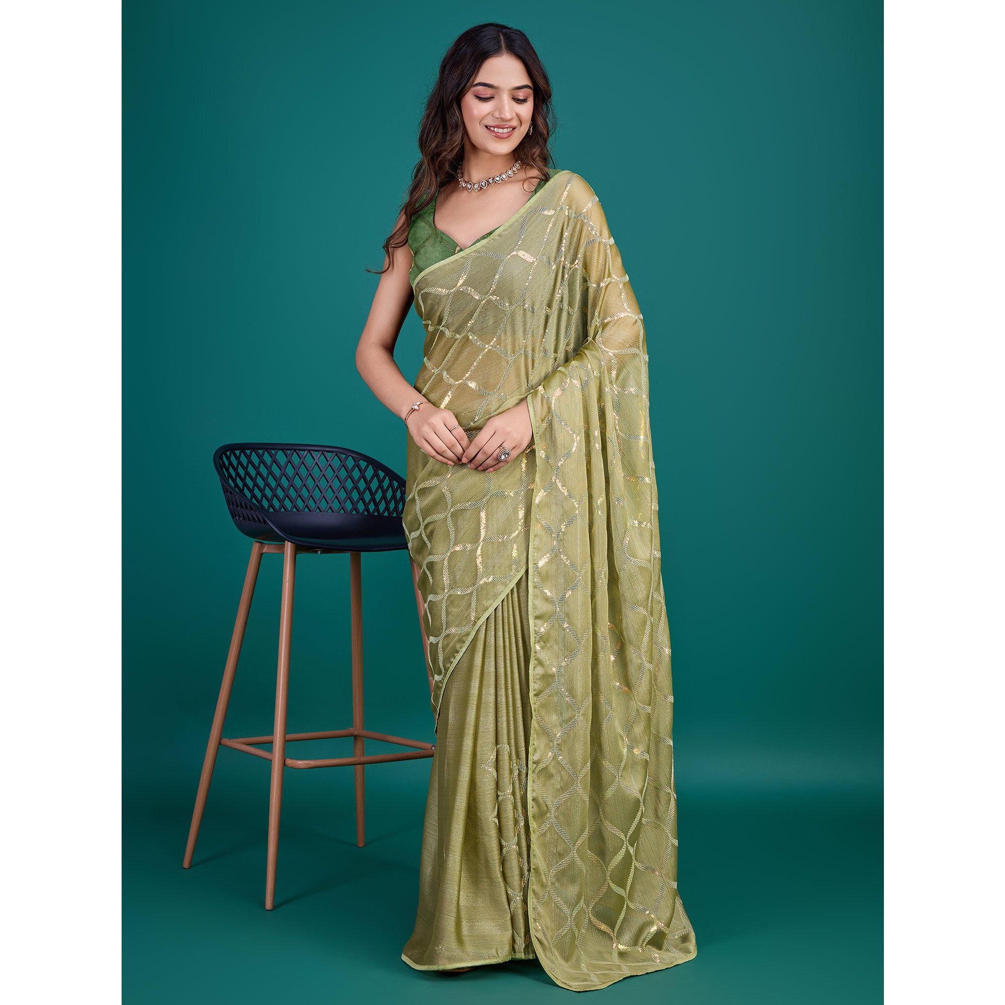 Green Sequins Embroidered Georgette Saree