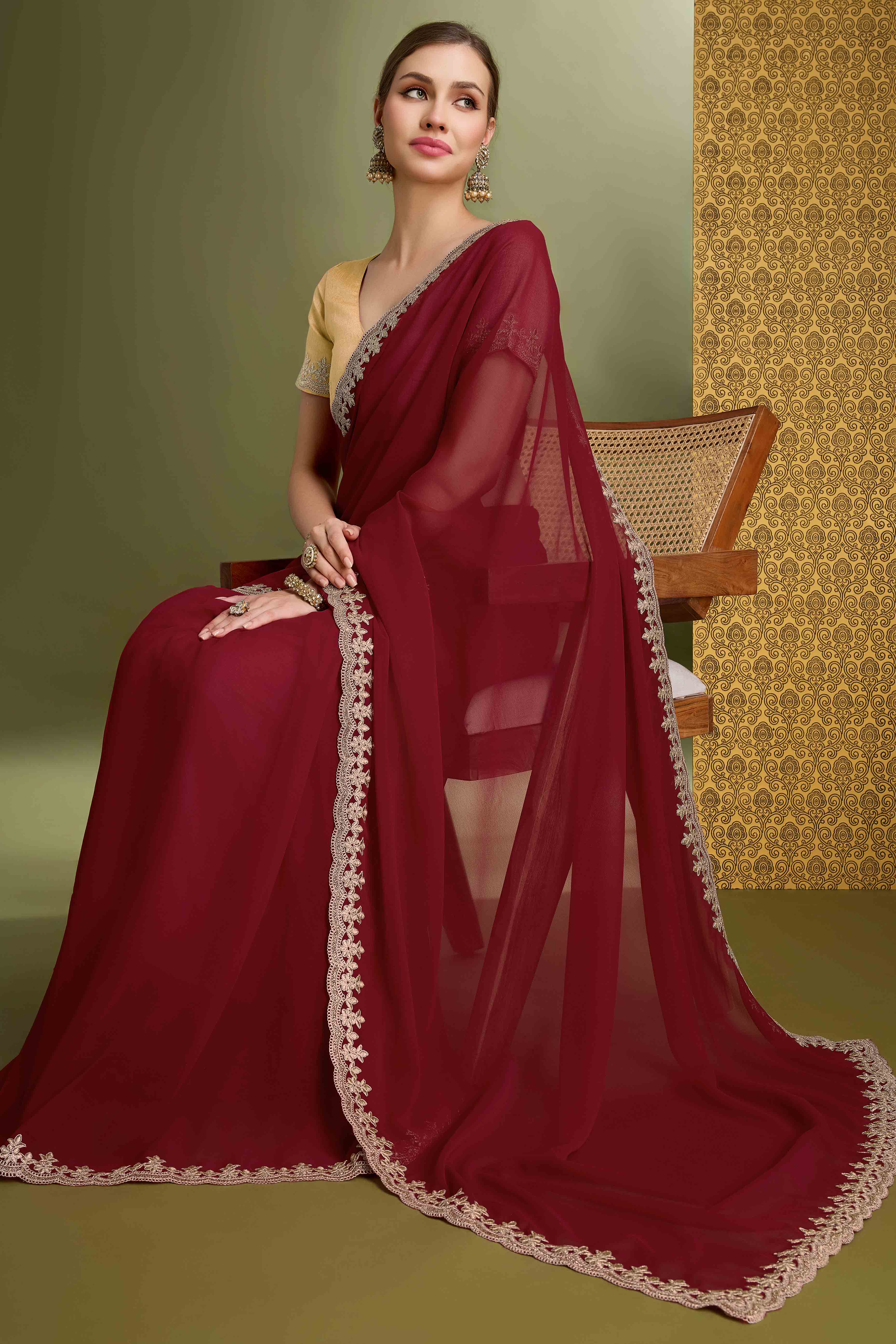 Maroon Solid With Zari Embroidered Georgette Saree