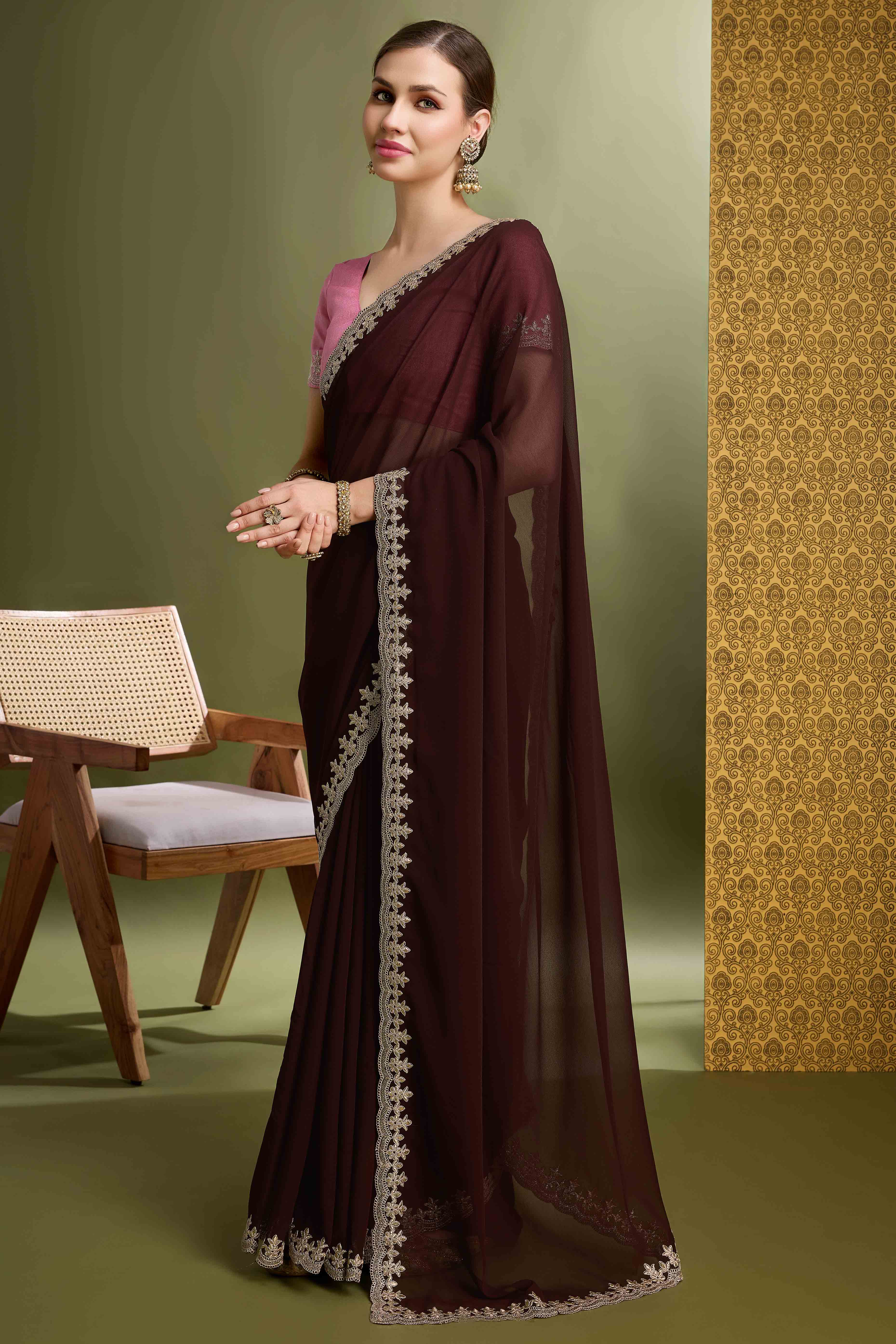 Brown Solid With Zari Embroidered Georgette Saree