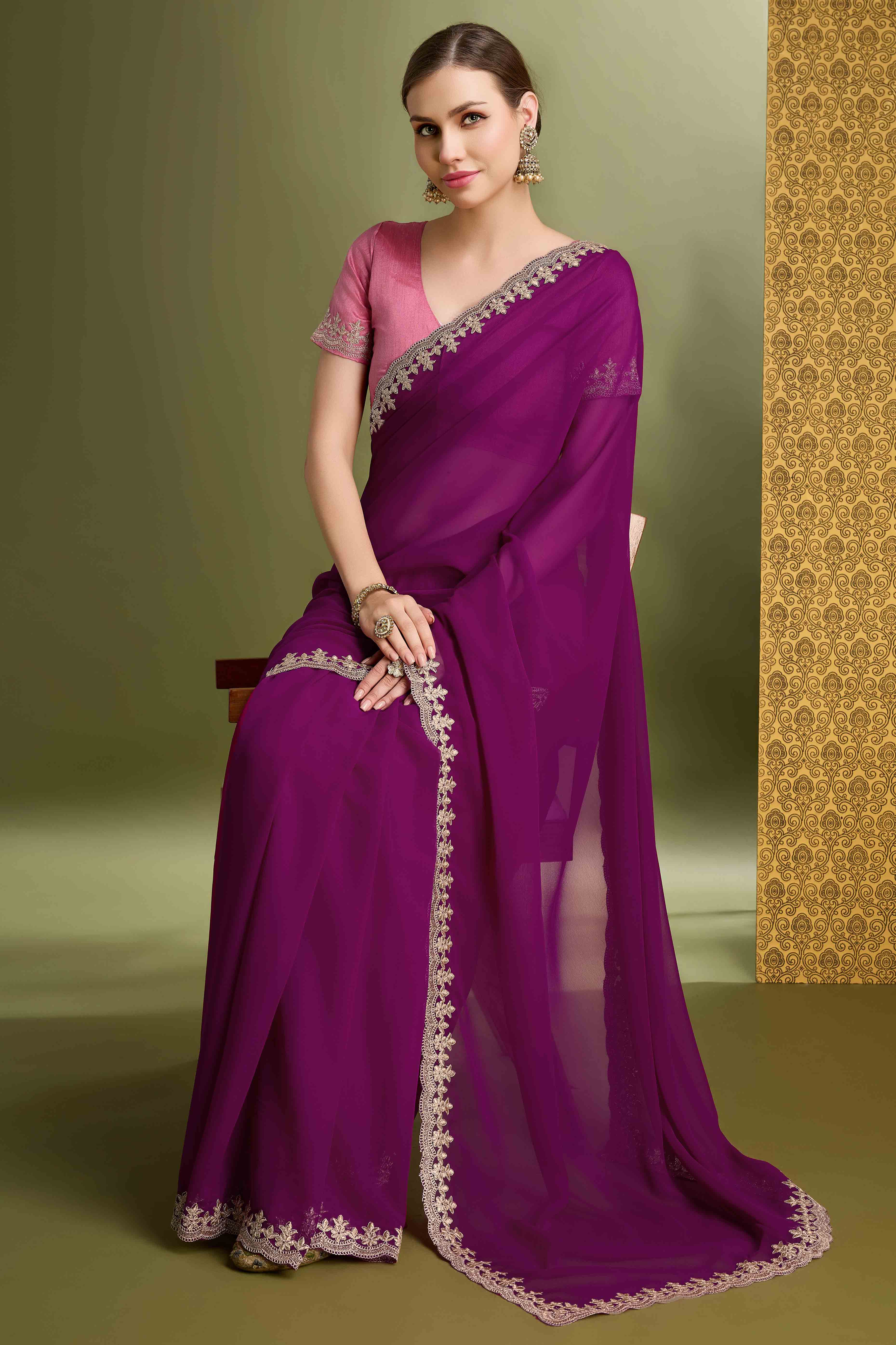Purple Solid With Zari Embroidered Georgette Saree