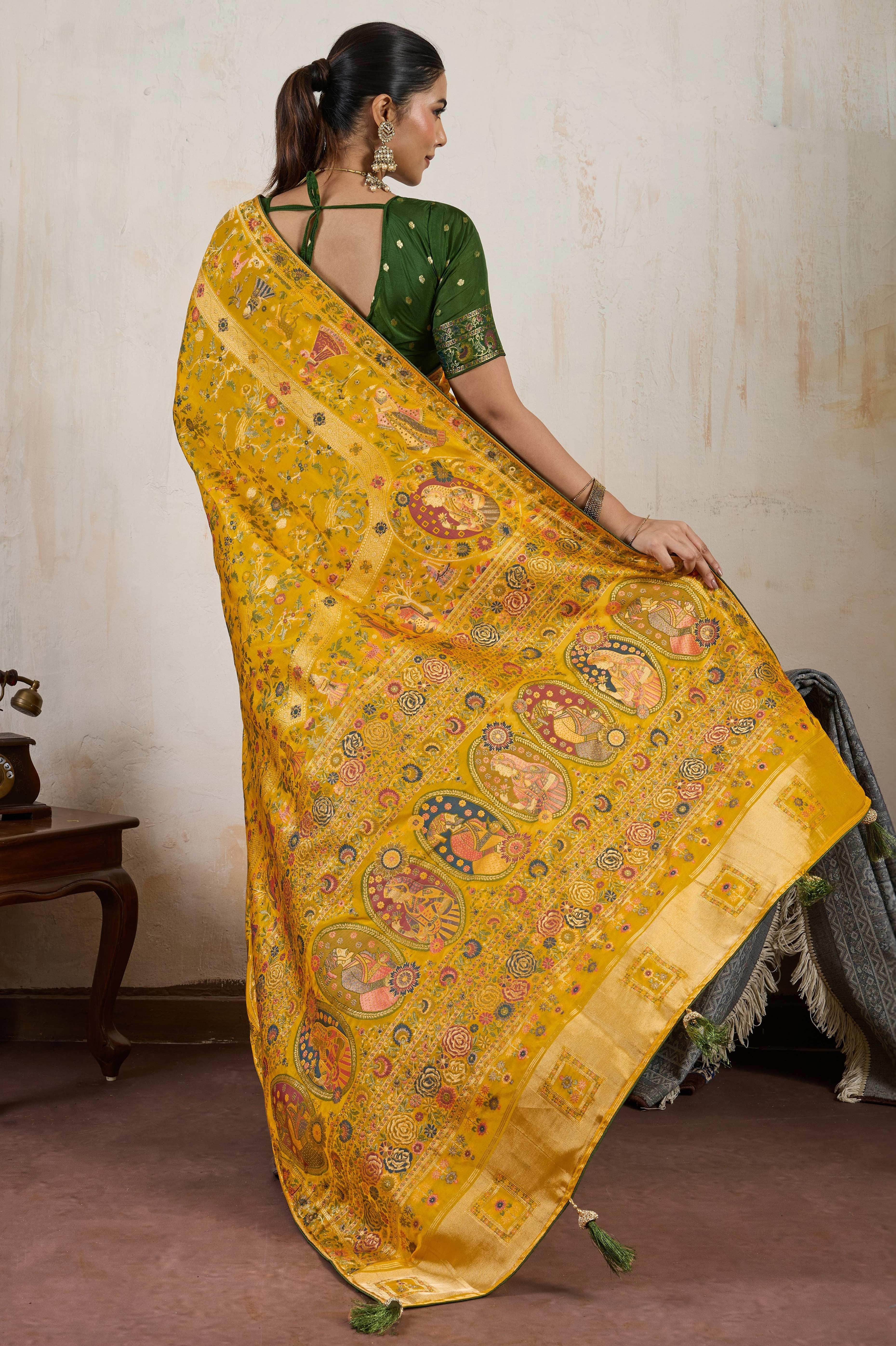 Mustard Traditional Pure Silk Saree Highlighted with Luxurious Meenakari Zari Weaving Accents