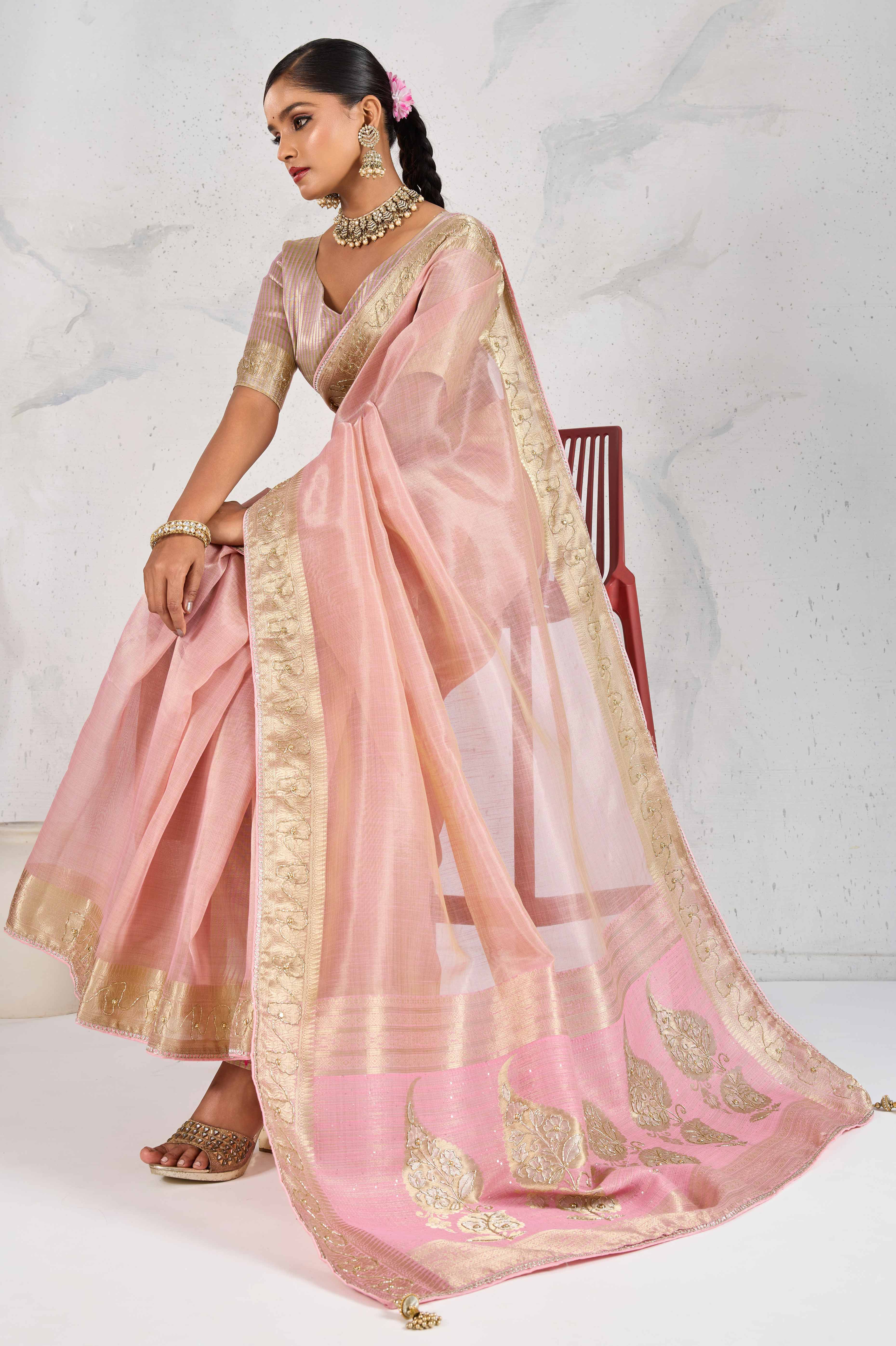 Pink Tissue Linen Saree Adorned With Intricate Zardosi & Pearl Cutdana Hand Embroidery