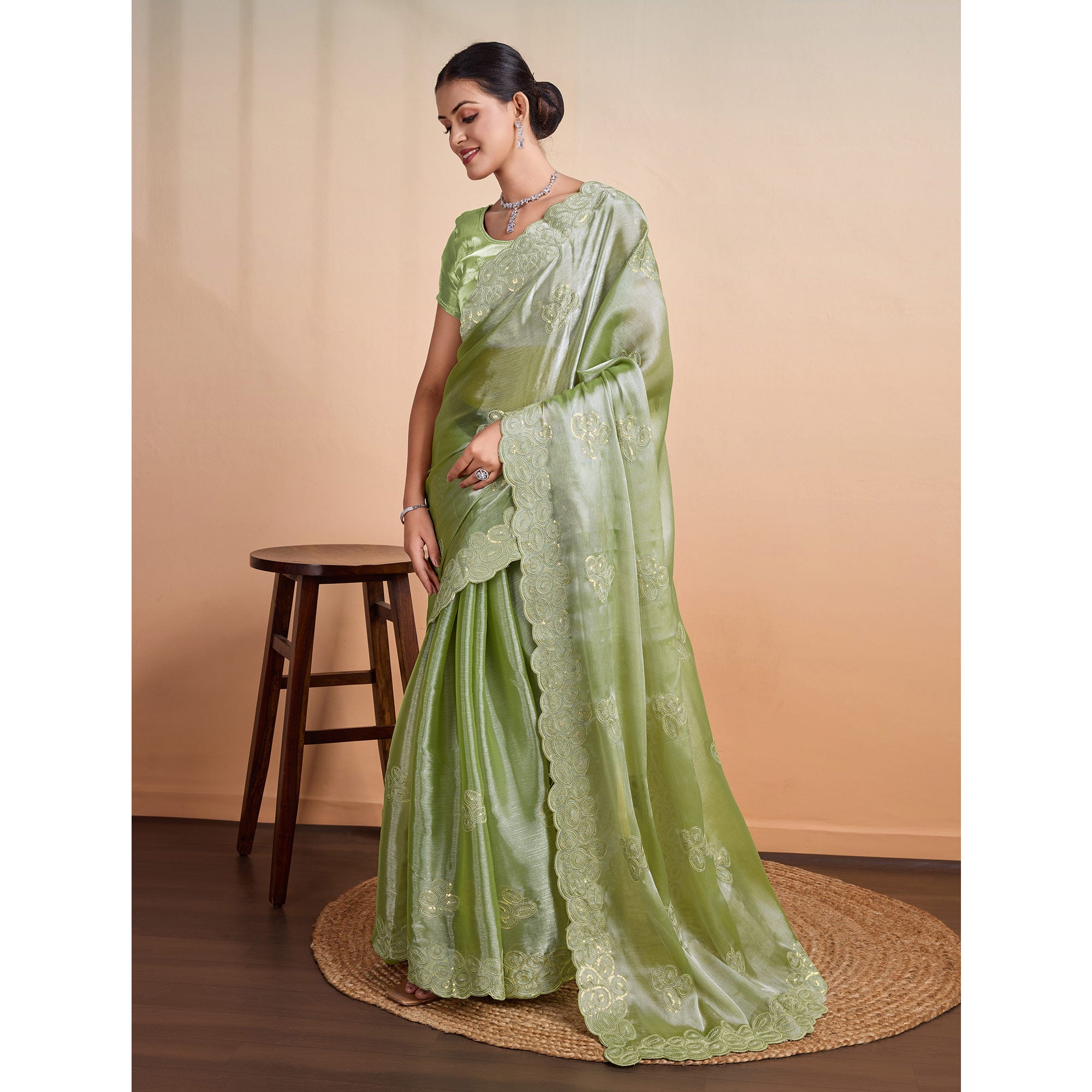 Green Sequins Embroidered Organza Saree