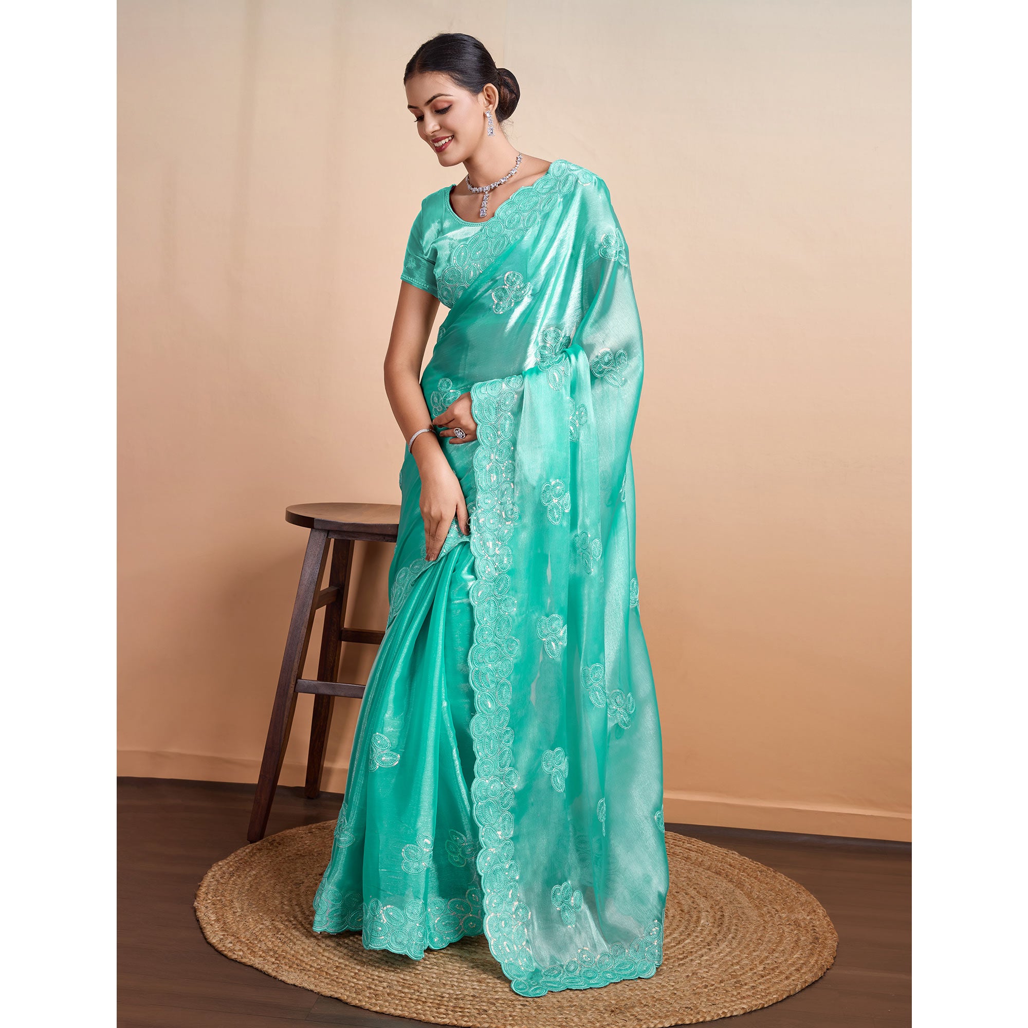 Rama Green Sequins Embroidered Organza Saree