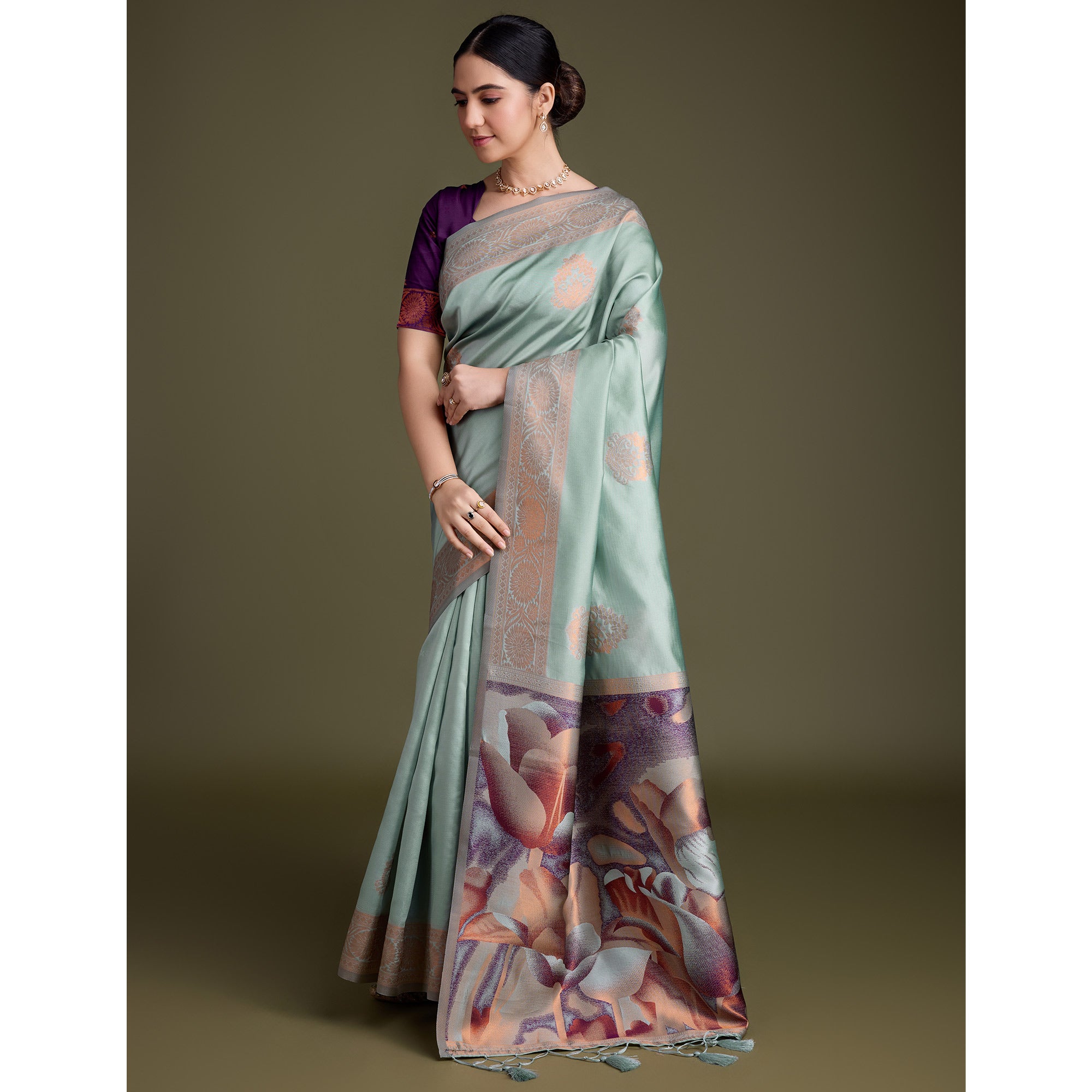 Sea Green Floral Woven Banarasi Silk Saree