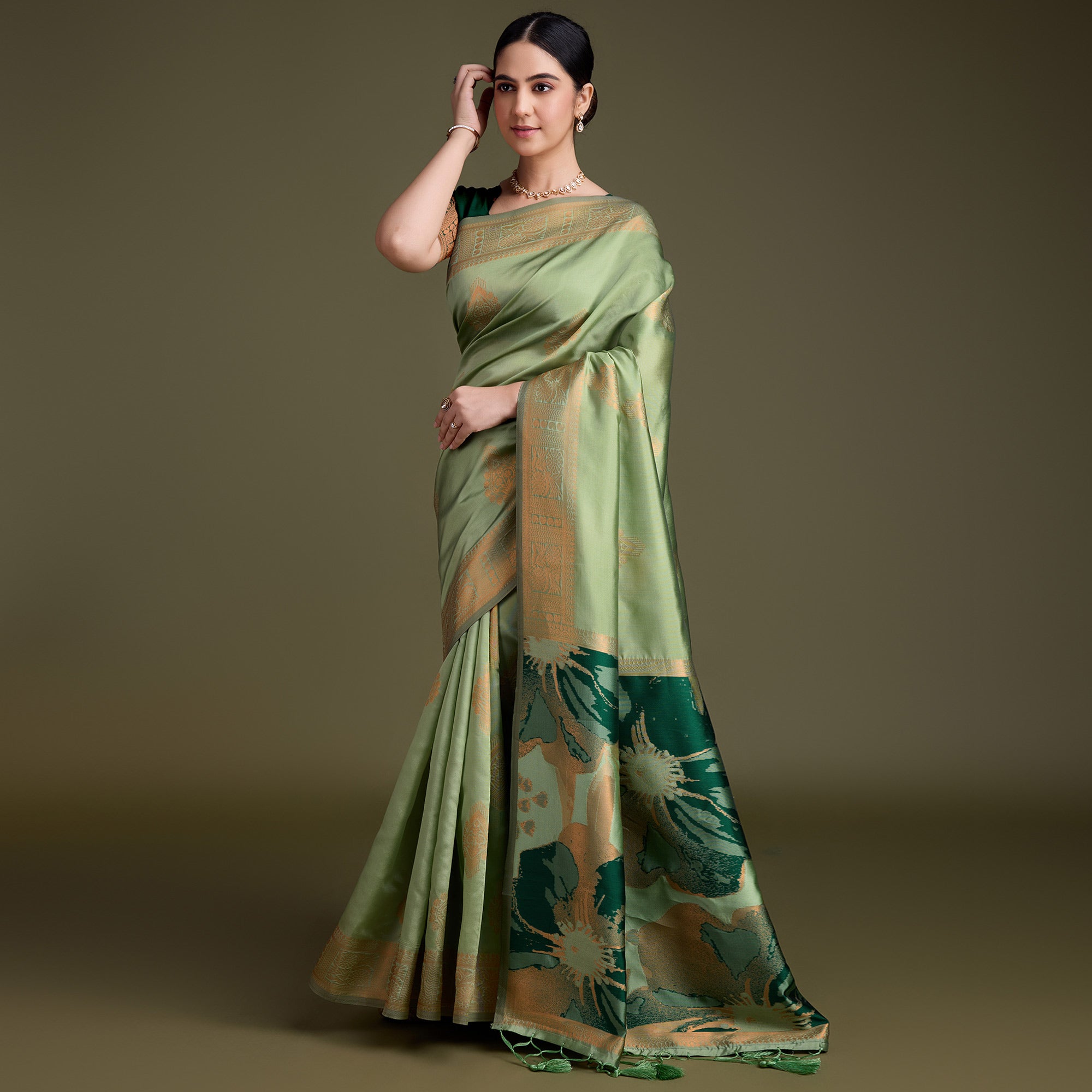 Green Floral Woven Banarasi Silk Saree