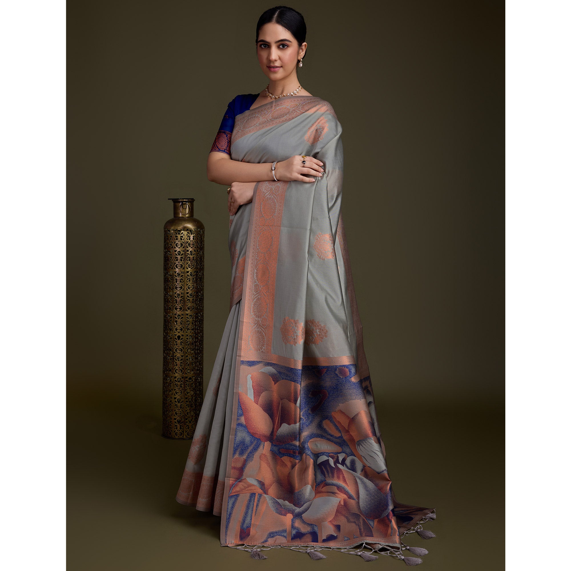 Grey Floral Woven Banarasi Silk Saree