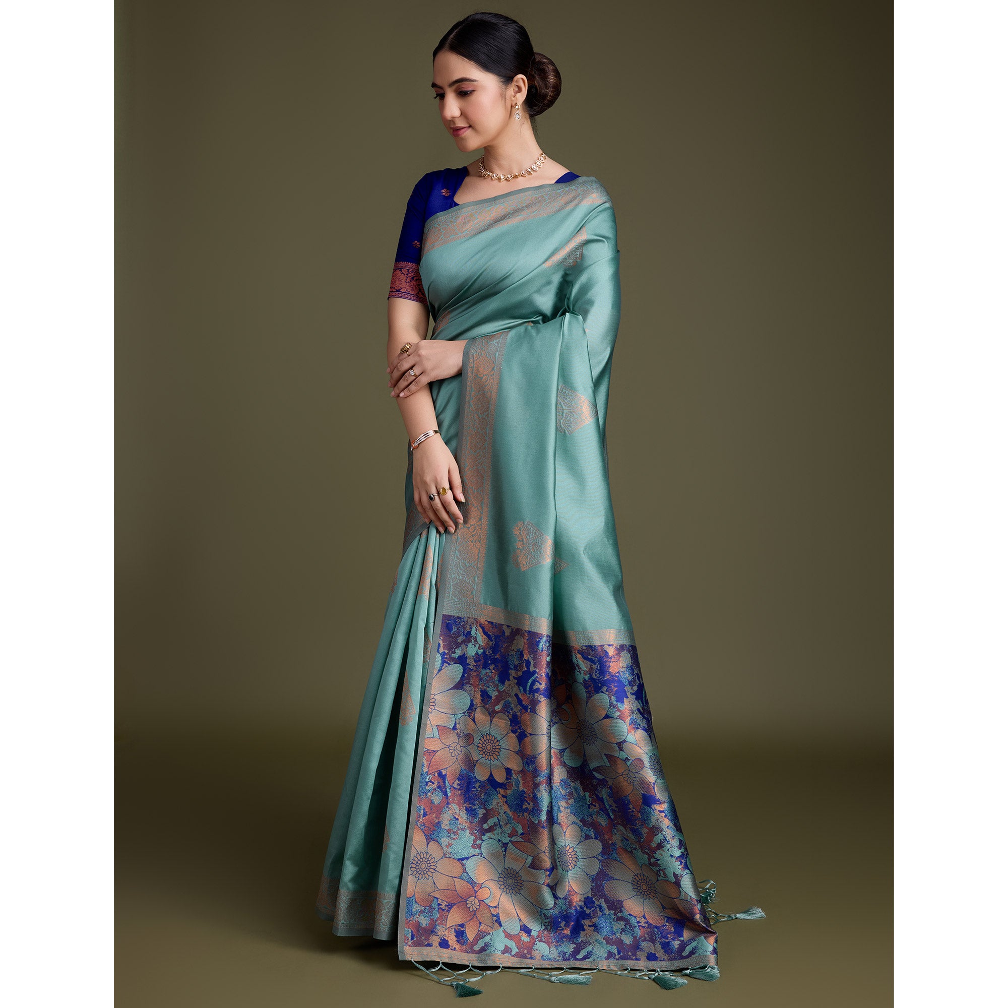 Turquoise Floral Woven Banarasi Silk Saree