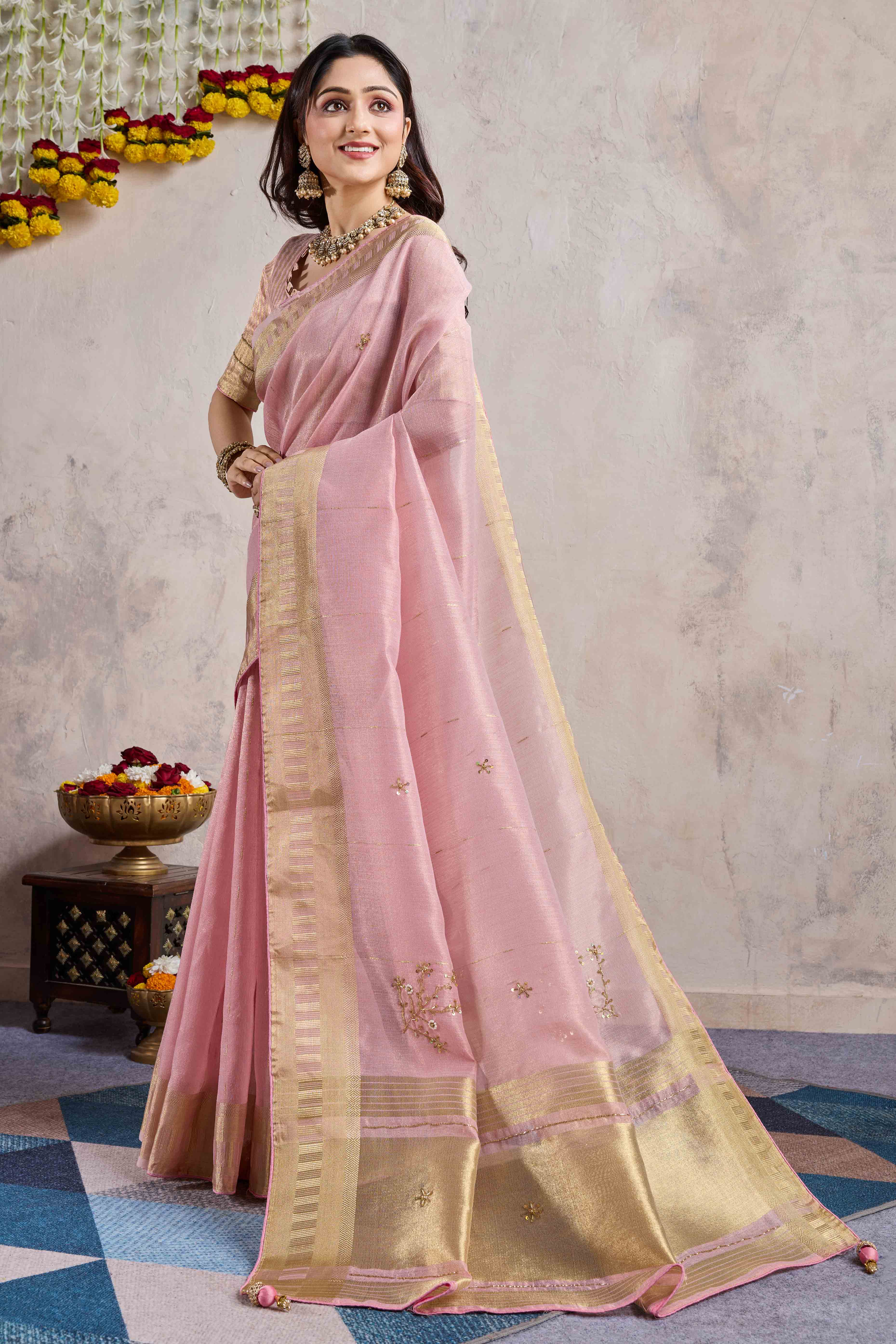 Pink Beads Work Woven Linen Slub Saree